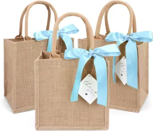 6 Pack Burlap Tote Bags with Handles Reusable Small Jute Gift Bags with Blue Silk Ribbons Waterproof Lining for Wedding Bridesmaid Mother's Day Bachelorette Beach Party