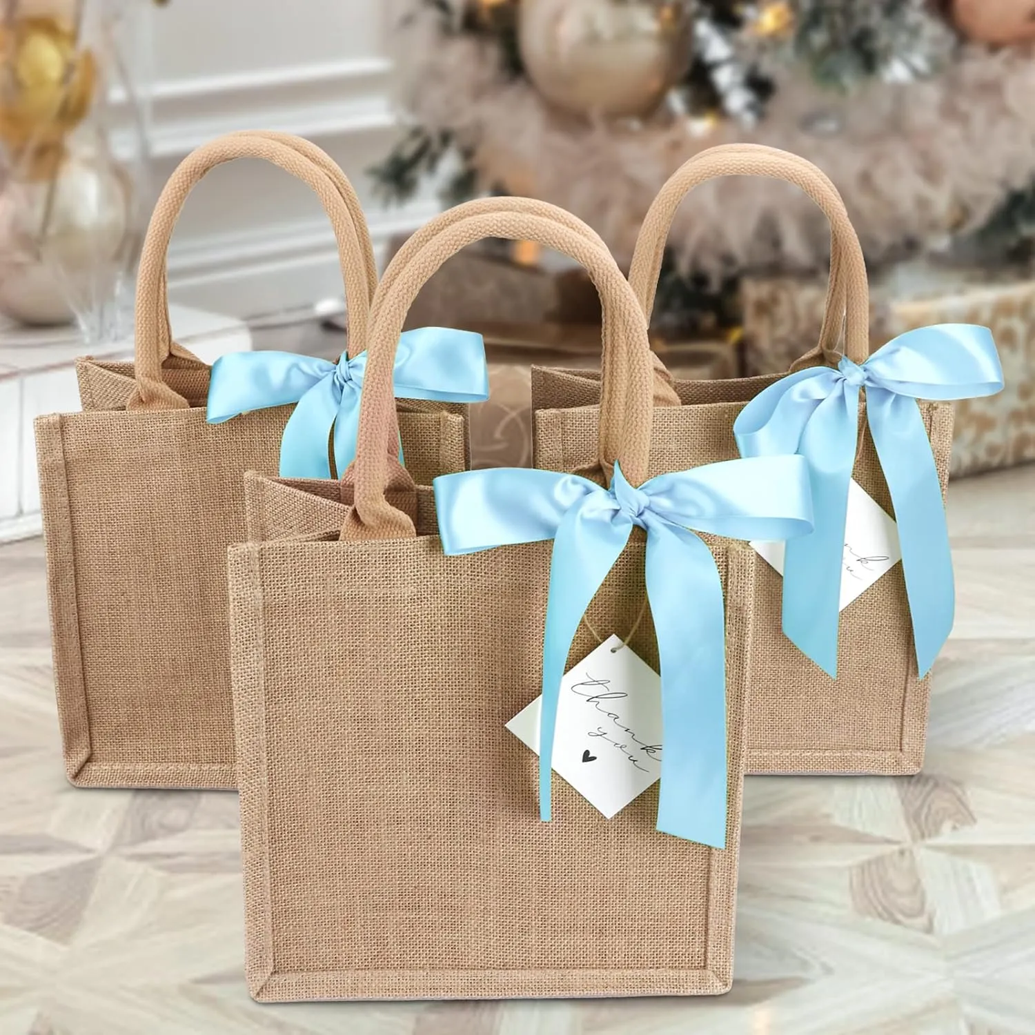 6 Pack Burlap Tote Bags with Handles Reusable Small Jute Gift Bags with Blue Silk Ribbons Waterproof Lining for Wedding Bridesmaid Mother's Day Bachelorette Beach Party