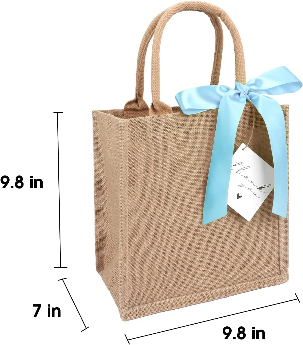 6 Pack Burlap Tote Bags with Handles Reusable Small Jute Gift Bags with Blue Silk Ribbons Waterproof Lining for Wedding Bridesmaid Mother's Day Bachelorette Beach Party