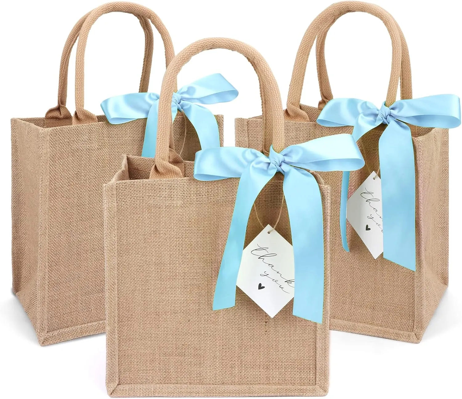 6 Pack Burlap Tote Bags with Handles Reusable Small Jute Gift Bags with Blue Silk Ribbons Waterproof Lining for Wedding Bridesmaid Mother's Day Bachelorette Beach Party
