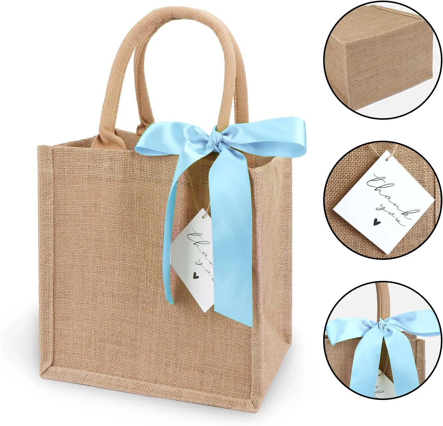 6 Pack Burlap Tote Bags with Handles Reusable Small Jute Gift Bags with Blue Silk Ribbons Waterproof Lining for Wedding Bridesmaid Mother's Day Bachelorette Beach Party