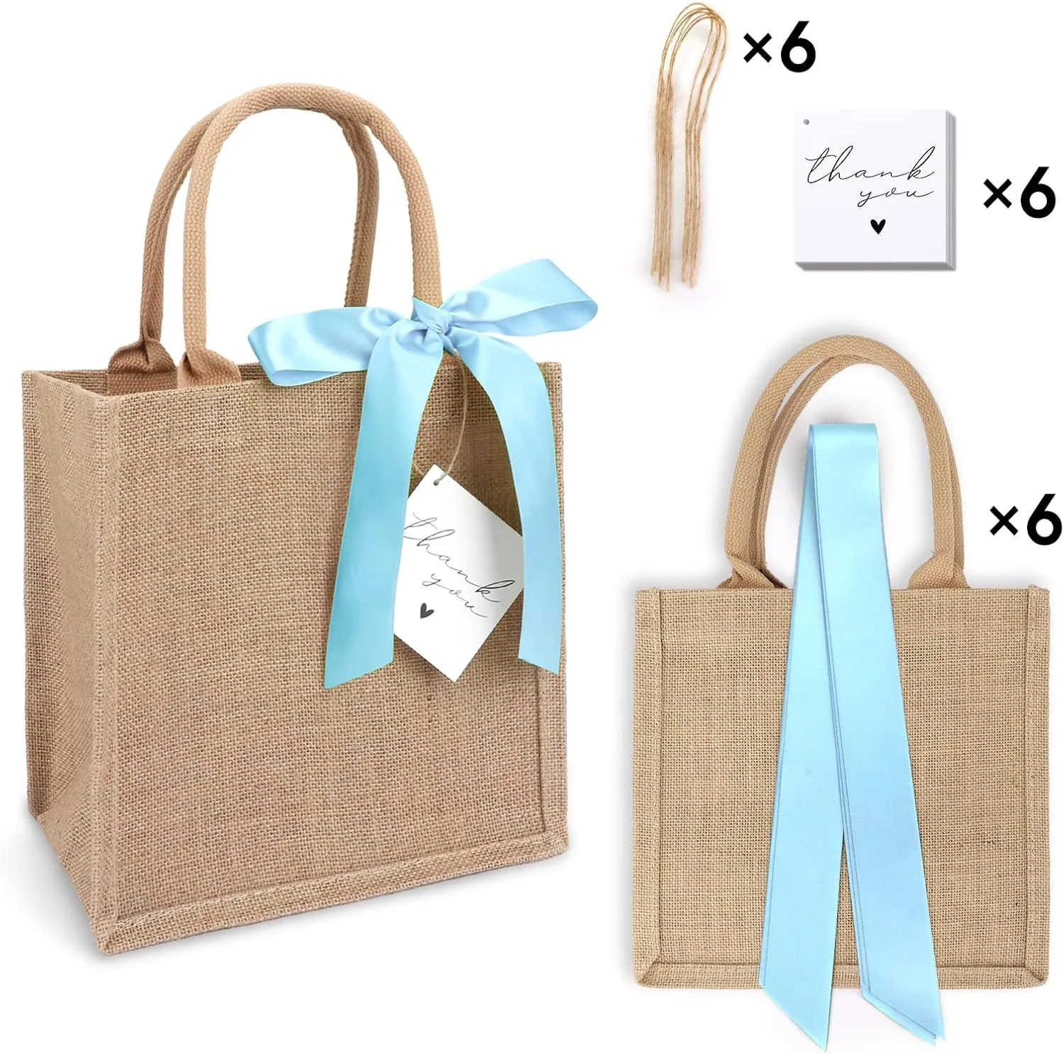 6 Pack Burlap Tote Bags with Handles Reusable Small Jute Gift Bags with Blue Silk Ribbons Waterproof Lining for Wedding Bridesmaid Mother's Day Bachelorette Beach Party