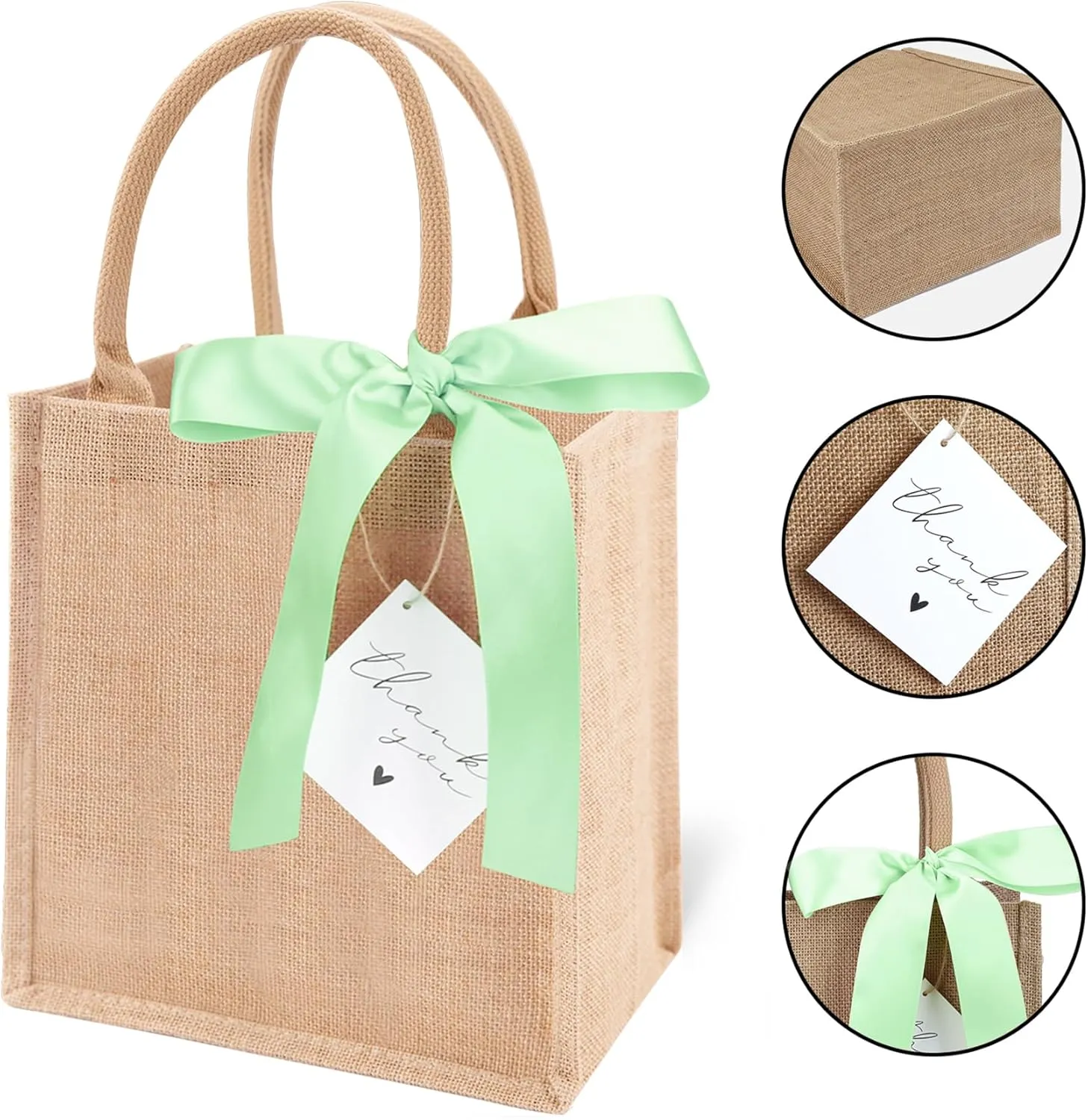 6 Pack Burlap Tote Bags with Handles Reusable Small Jute Gift Bags with Light Green Silk Ribbons Waterproof Lining for Wedding Bridesmaid Mother's Day Bachelorette Beach Party