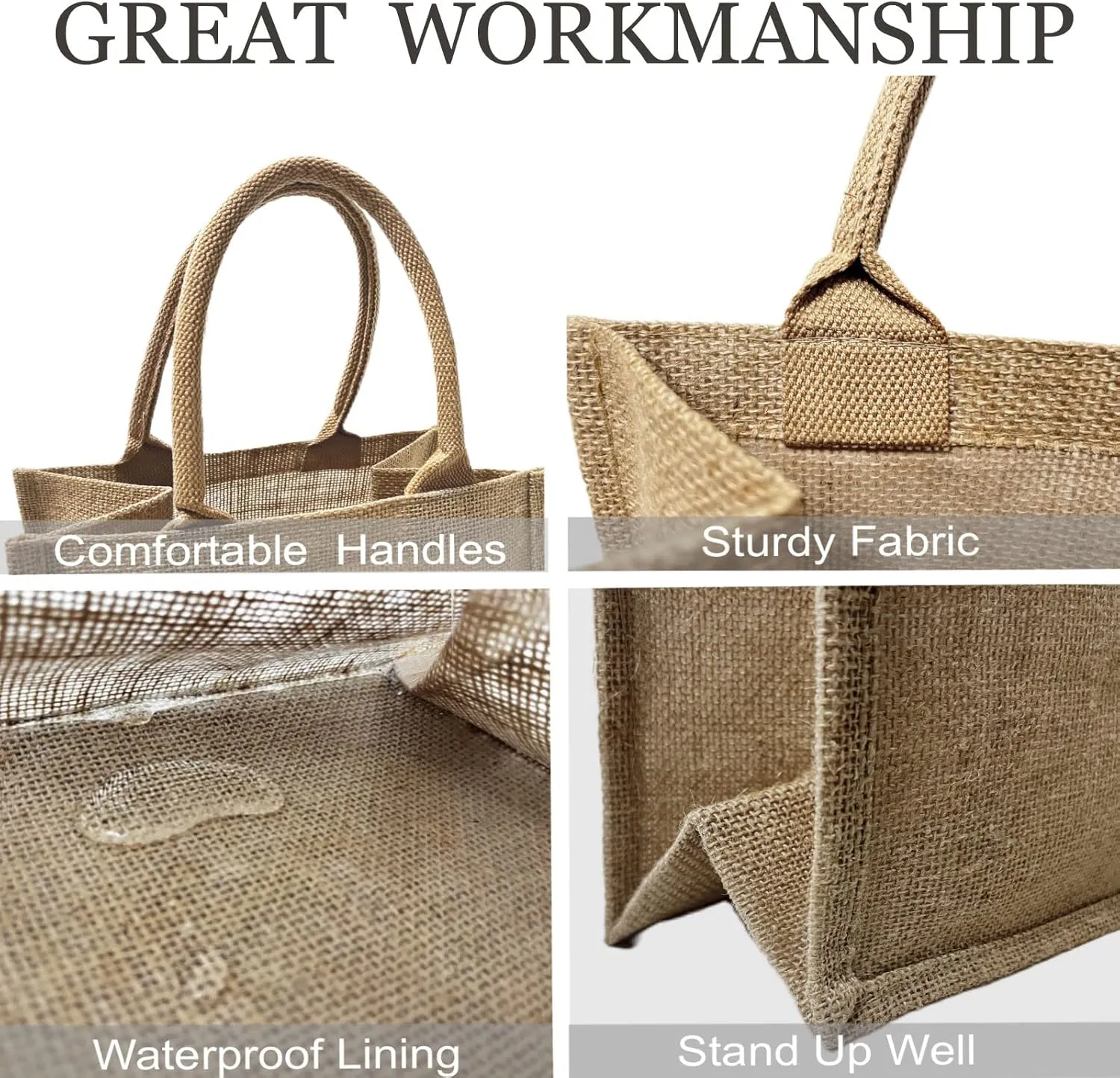 6 Pack Burlap Tote Bags with Handles Reusable Small Jute Gift Bags with Light Green Silk Ribbons Waterproof Lining for Wedding Bridesmaid Mother's Day Bachelorette Beach Party