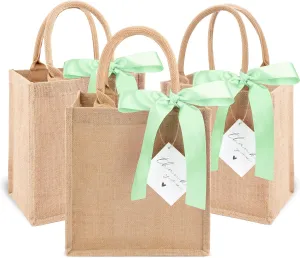 6 Pack Burlap Tote Bags with Handles Reusable Small Jute Gift Bags with Light Green Silk Ribbons Waterproof Lining for Wedding Bridesmaid Mother's Day Bachelorette Beach Party