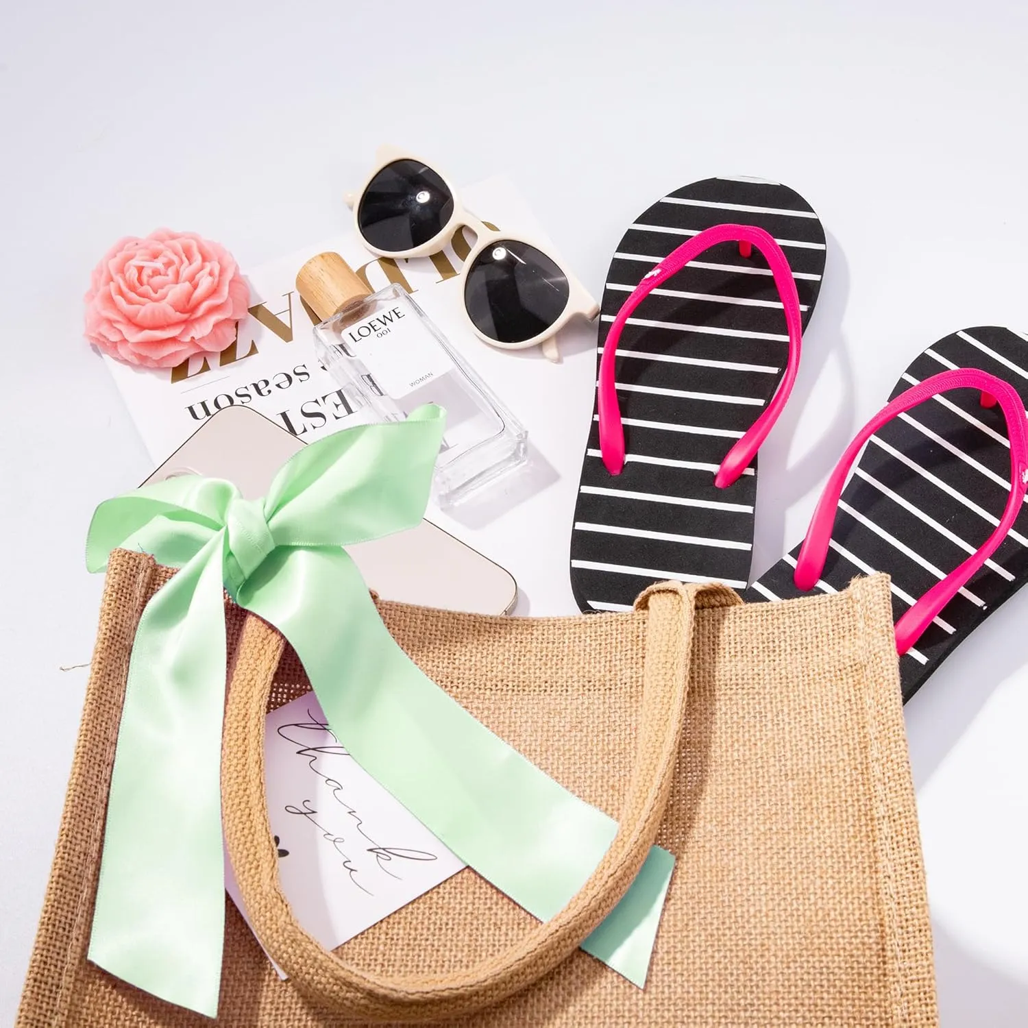 6 Pack Burlap Tote Bags with Handles Reusable Small Jute Gift Bags with Light Green Silk Ribbons Waterproof Lining for Wedding Bridesmaid Mother's Day Bachelorette Beach Party