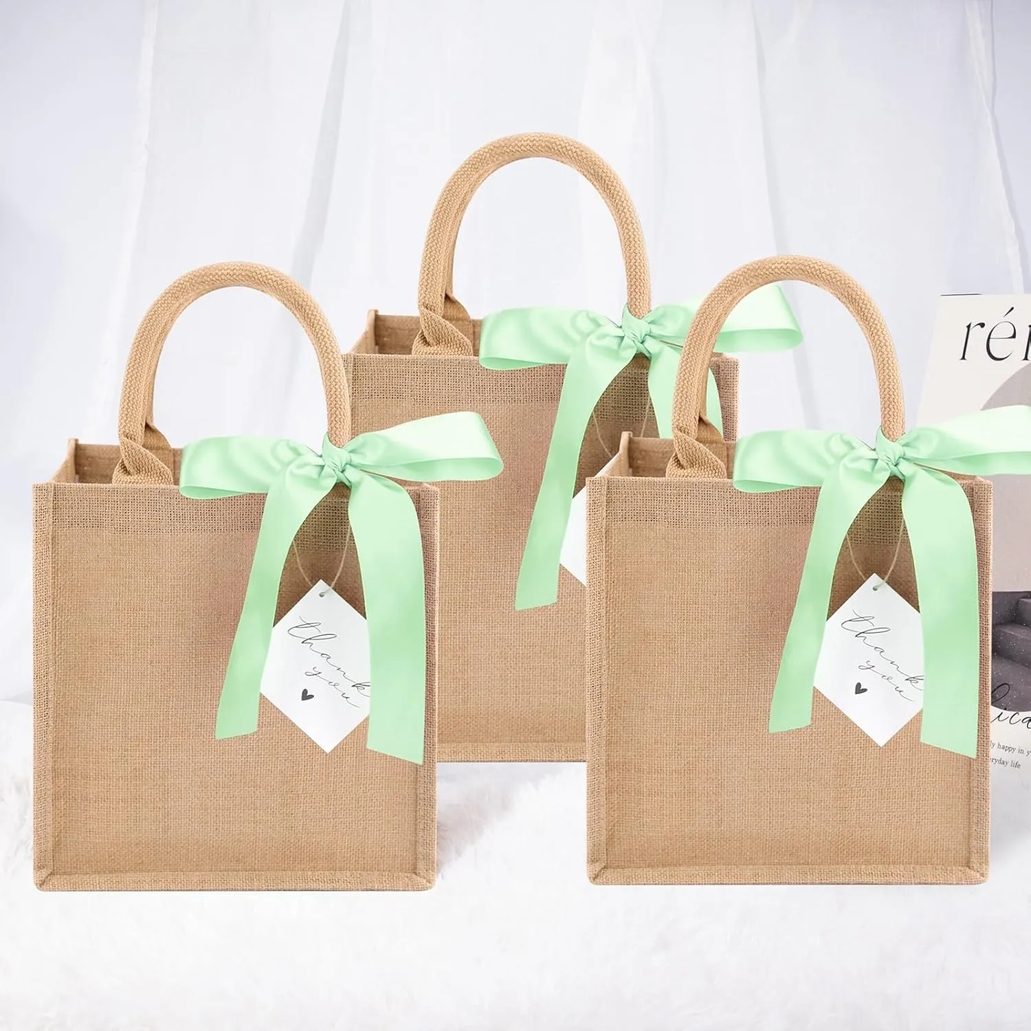 6 Pack Burlap Tote Bags with Handles Reusable Small Jute Gift Bags with Light Green Silk Ribbons Waterproof Lining for Wedding Bridesmaid Mother's Day Bachelorette Beach Party