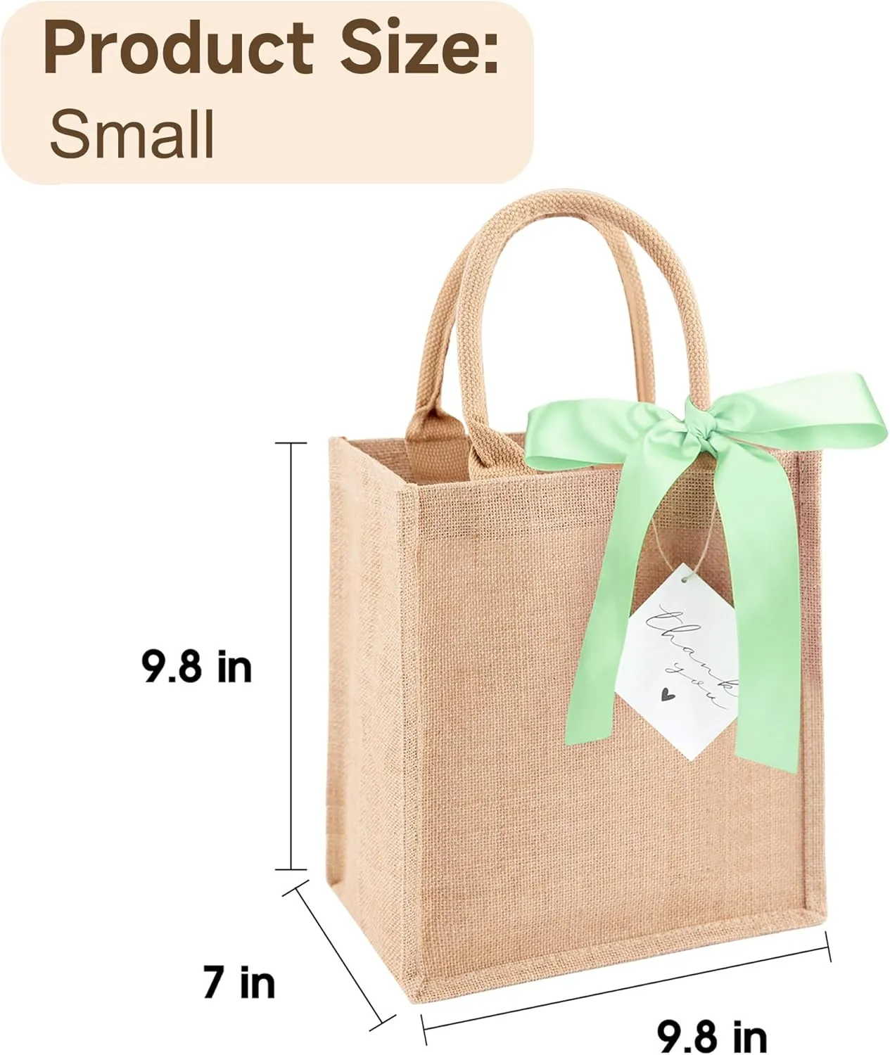 6 Pack Burlap Tote Bags with Handles Reusable Small Jute Gift Bags with Light Green Silk Ribbons Waterproof Lining for Wedding Bridesmaid Mother's Day Bachelorette Beach Party
