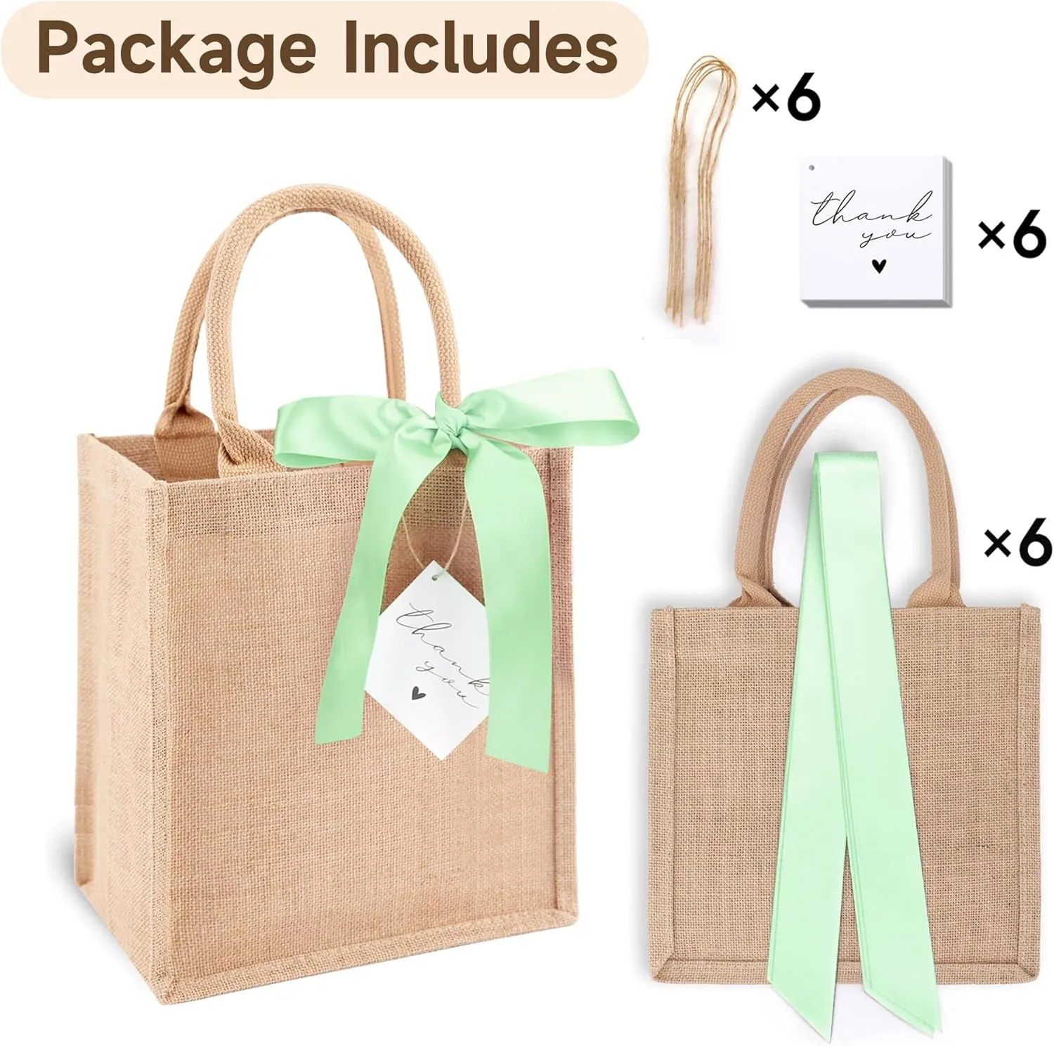 6 Pack Burlap Tote Bags with Handles Reusable Small Jute Gift Bags with Light Green Silk Ribbons Waterproof Lining for Wedding Bridesmaid Mother's Day Bachelorette Beach Party