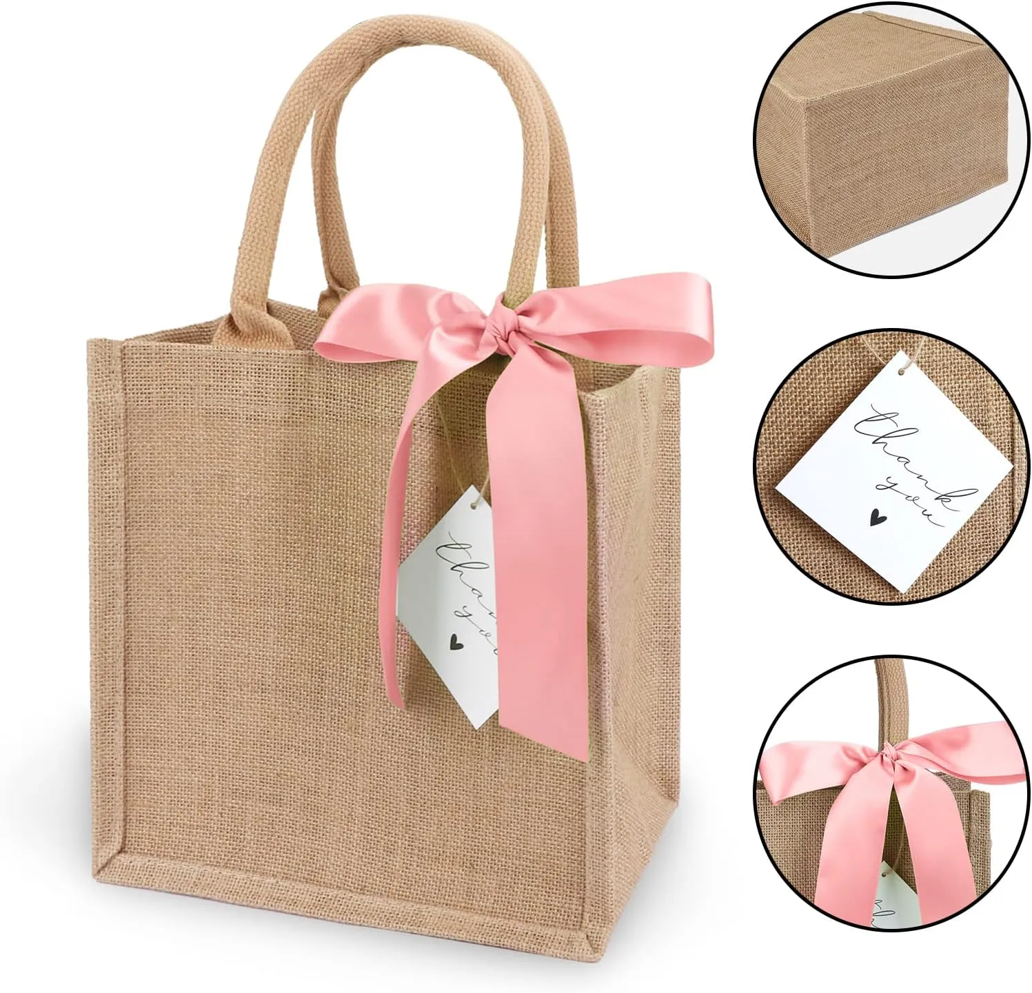 6 Pack Burlap Tote Bags with Handles Reusable Small Jute Gift Bags with Pink Silk Ribbons Waterproof Lining for Wedding Bridesmaid Mother's Day Bachelorette Beach Party