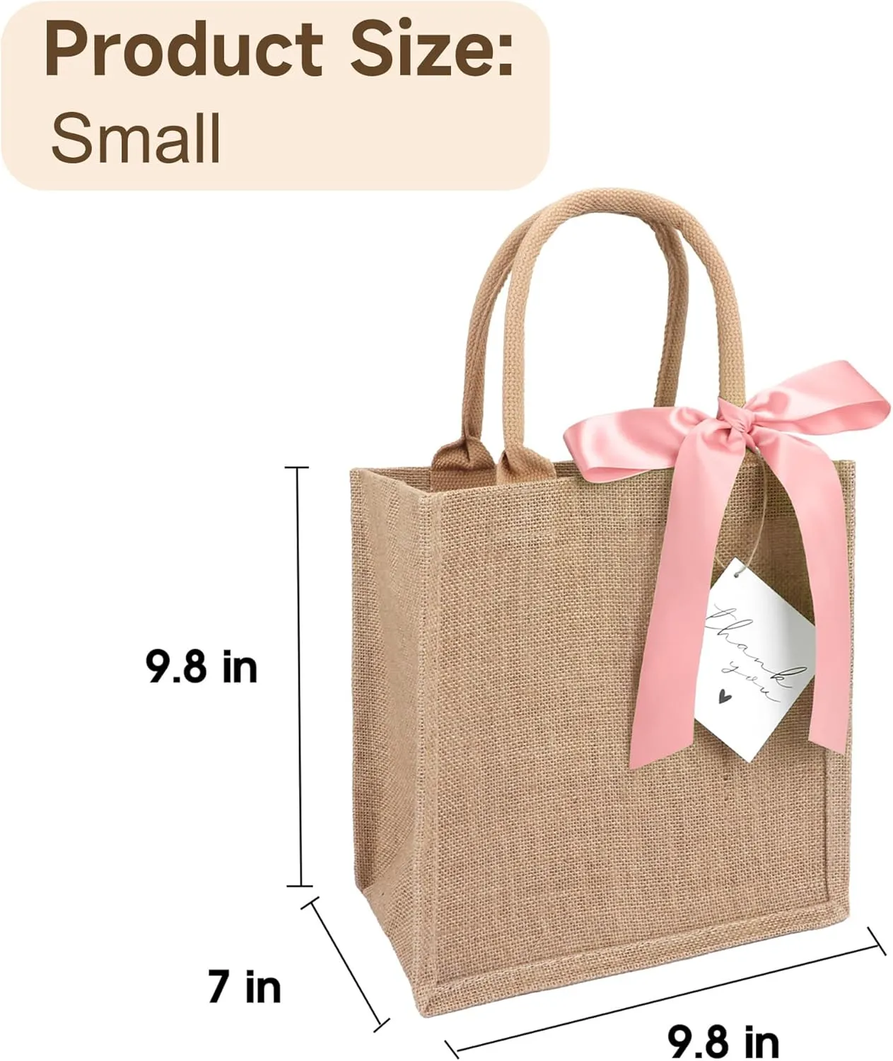 6 Pack Burlap Tote Bags with Handles Reusable Small Jute Gift Bags with Pink Silk Ribbons Waterproof Lining for Wedding Bridesmaid Mother's Day Bachelorette Beach Party