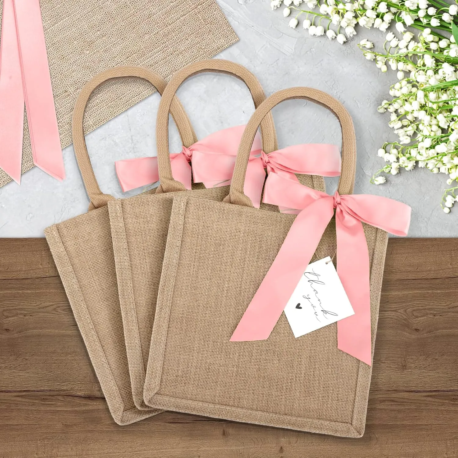 6 Pack Burlap Tote Bags with Handles Reusable Small Jute Gift Bags with Pink Silk Ribbons Waterproof Lining for Wedding Bridesmaid Mother's Day Bachelorette Beach Party