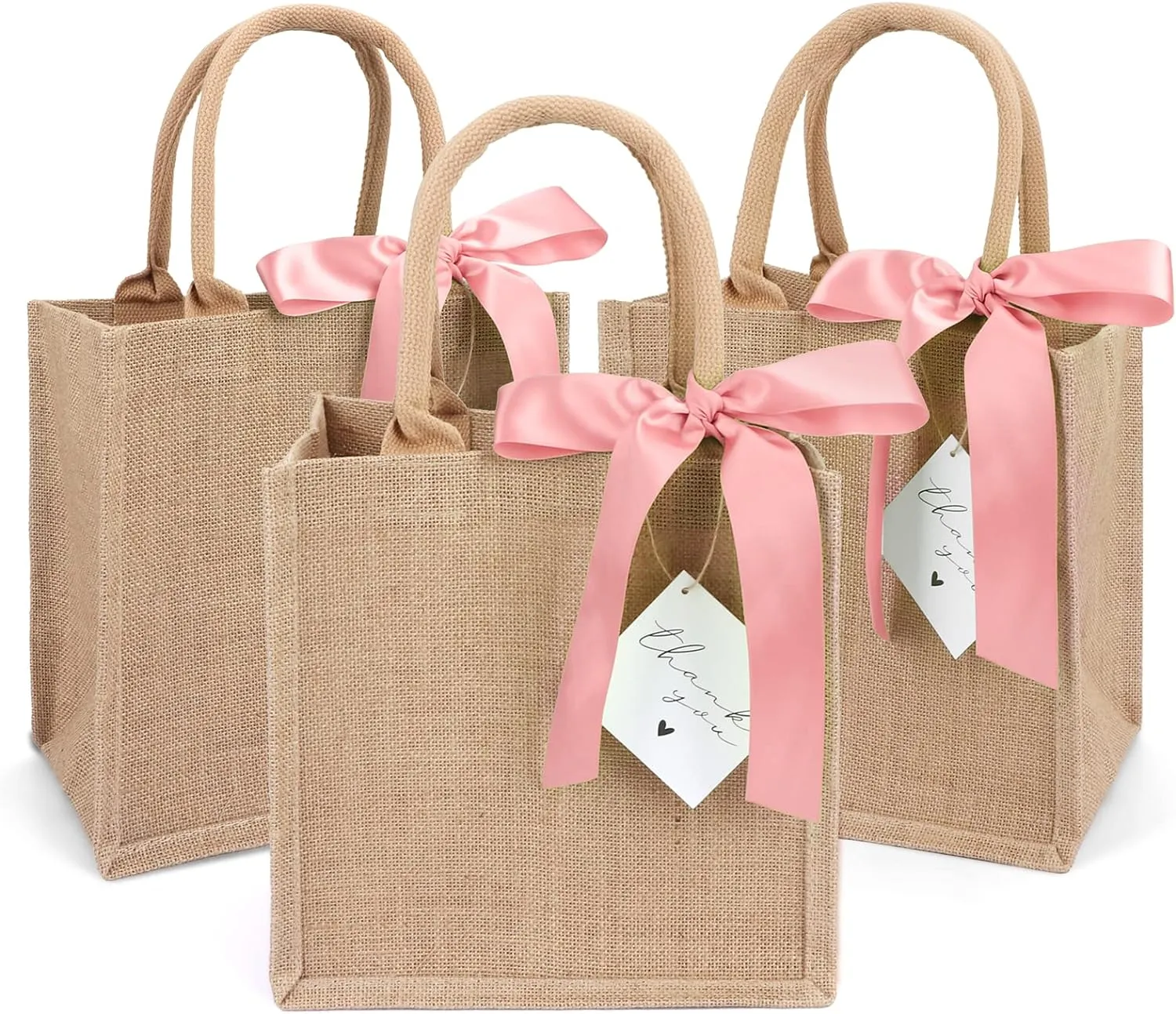 6 Pack Burlap Tote Bags with Handles Reusable Small Jute Gift Bags with Pink Silk Ribbons Waterproof Lining for Wedding Bridesmaid Mother's Day Bachelorette Beach Party