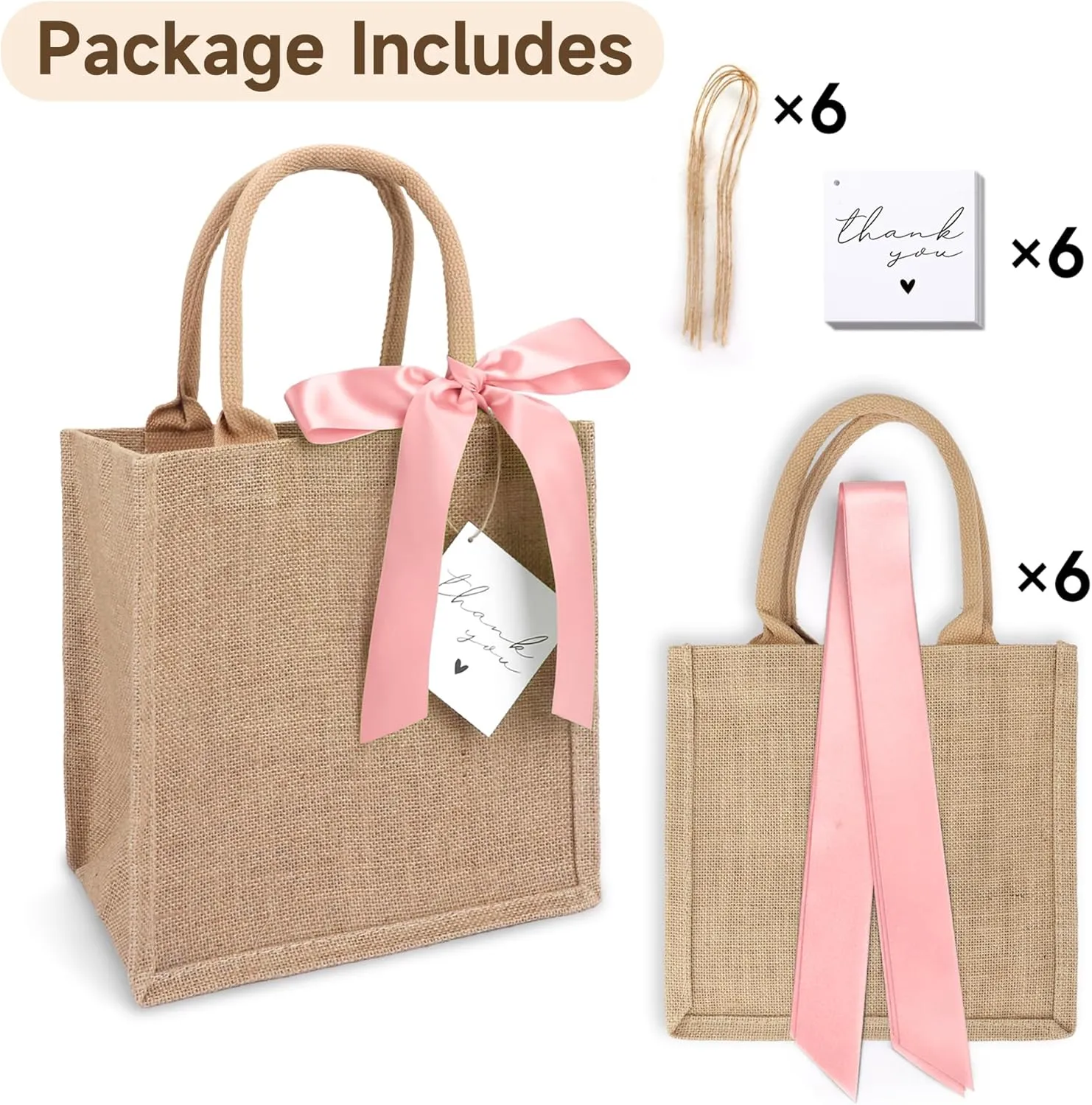 6 Pack Burlap Tote Bags with Handles Reusable Small Jute Gift Bags with Pink Silk Ribbons Waterproof Lining for Wedding Bridesmaid Mother's Day Bachelorette Beach Party