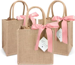 6 Pack Burlap Tote Bags with Handles Reusable Small Jute Gift Bags with Pink Silk Ribbons Waterproof Lining for Wedding Bridesmaid Mother's Day Bachelorette Beach Party