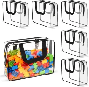 6 Pack Clear Toiletry Storage Bags, PVC Plastic Zipper Pouches with Handle, Waterproof Transparent Makeup Organizer Bag for Board Game Puzzle Book Building Blocks (6)