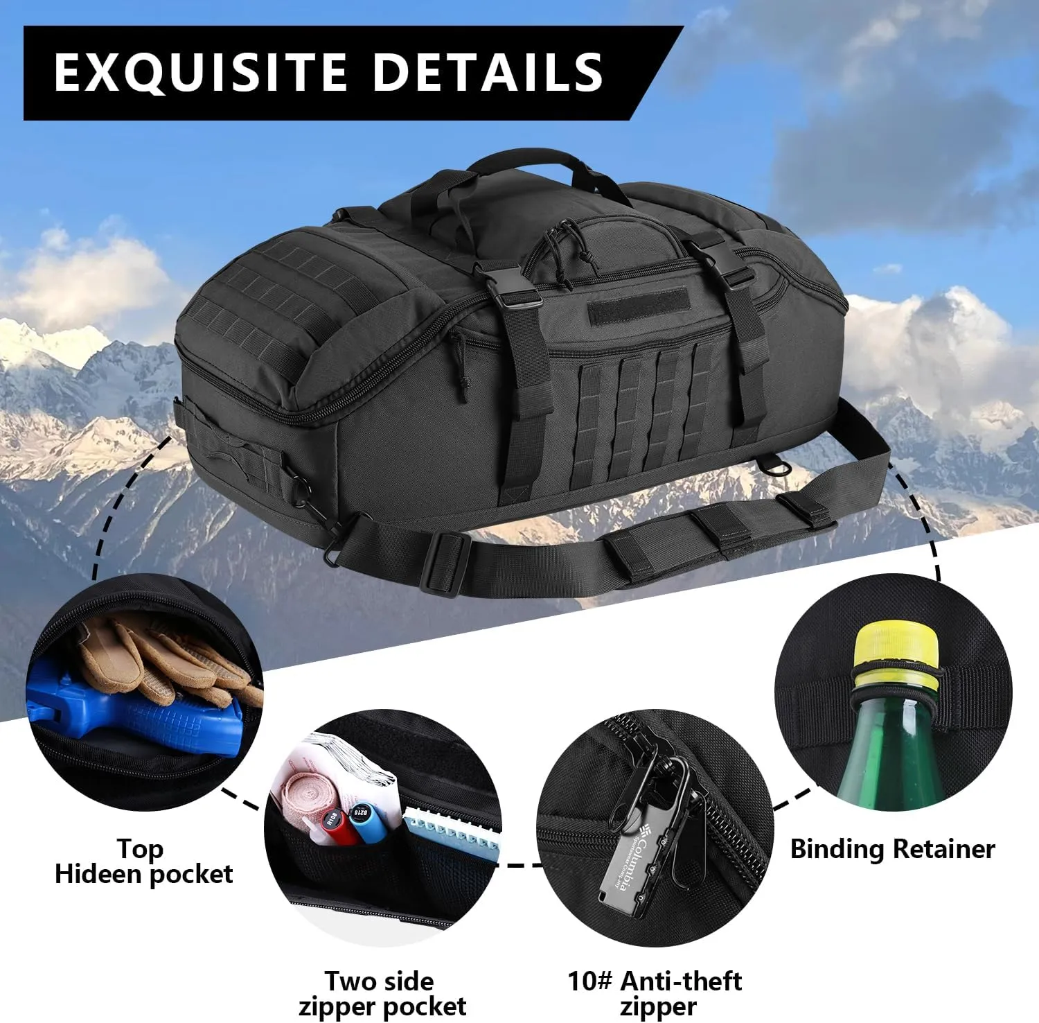 65L Large Duffle Bag, 3-in-1 Tactical Backpack MOLLE Pack for Sports, Gym, Outdoor, Black