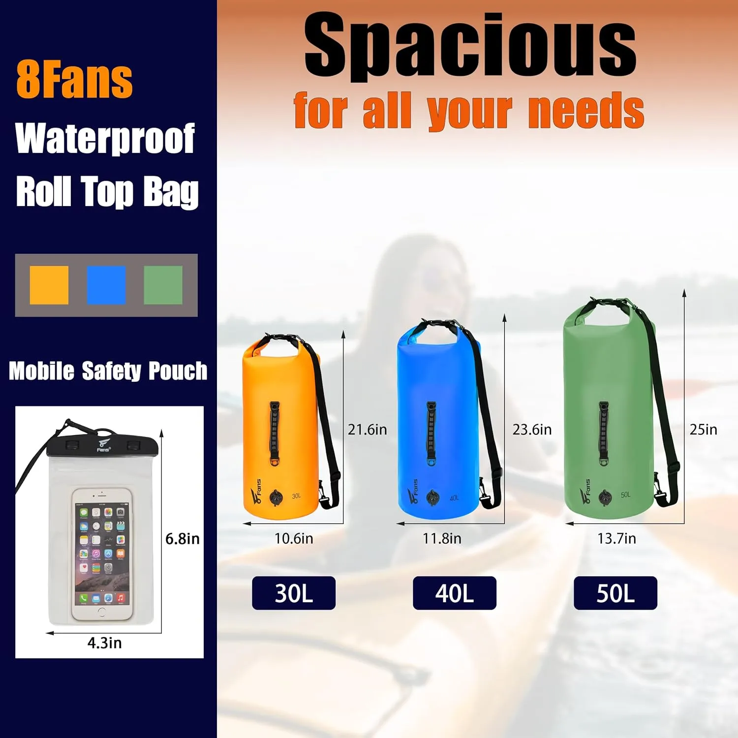 8 Fans Dry Bag Backpack Waterproof,50L Roll Top Bag with Phone Case, Perfect for Floating,Travel,Swimming,Boating,Kayaking,Camping,and Beach Activities(Air Release Valves, Green)