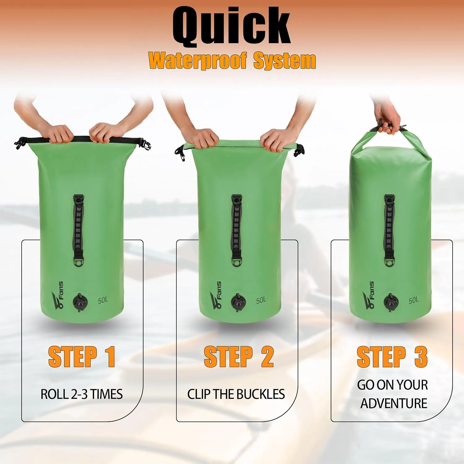 8 Fans Dry Bag Backpack Waterproof,50L Roll Top Bag with Phone Case, Perfect for Floating,Travel,Swimming,Boating,Kayaking,Camping,and Beach Activities(Air Release Valves, Green)