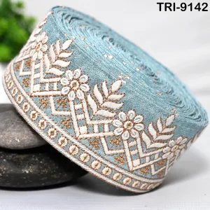 9 Yard Embroidery Trims Ribbon 55mm Blue Embroidered Decorative Indian Embellishments Tapes DIY Crafting Clutches Sewing Dog Collar Tote Bag