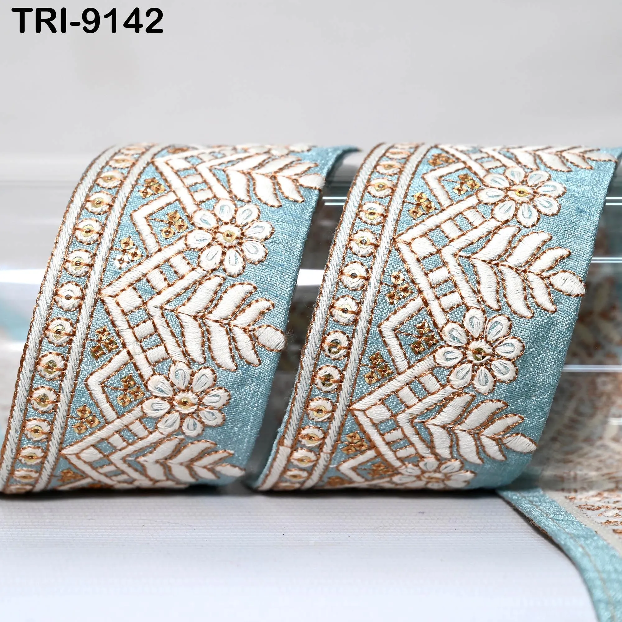 9 Yard Embroidery Trims Ribbon 55mm Blue Embroidered Decorative Indian Embellishments Tapes DIY Crafting Clutches Sewing Dog Collar Tote Bag