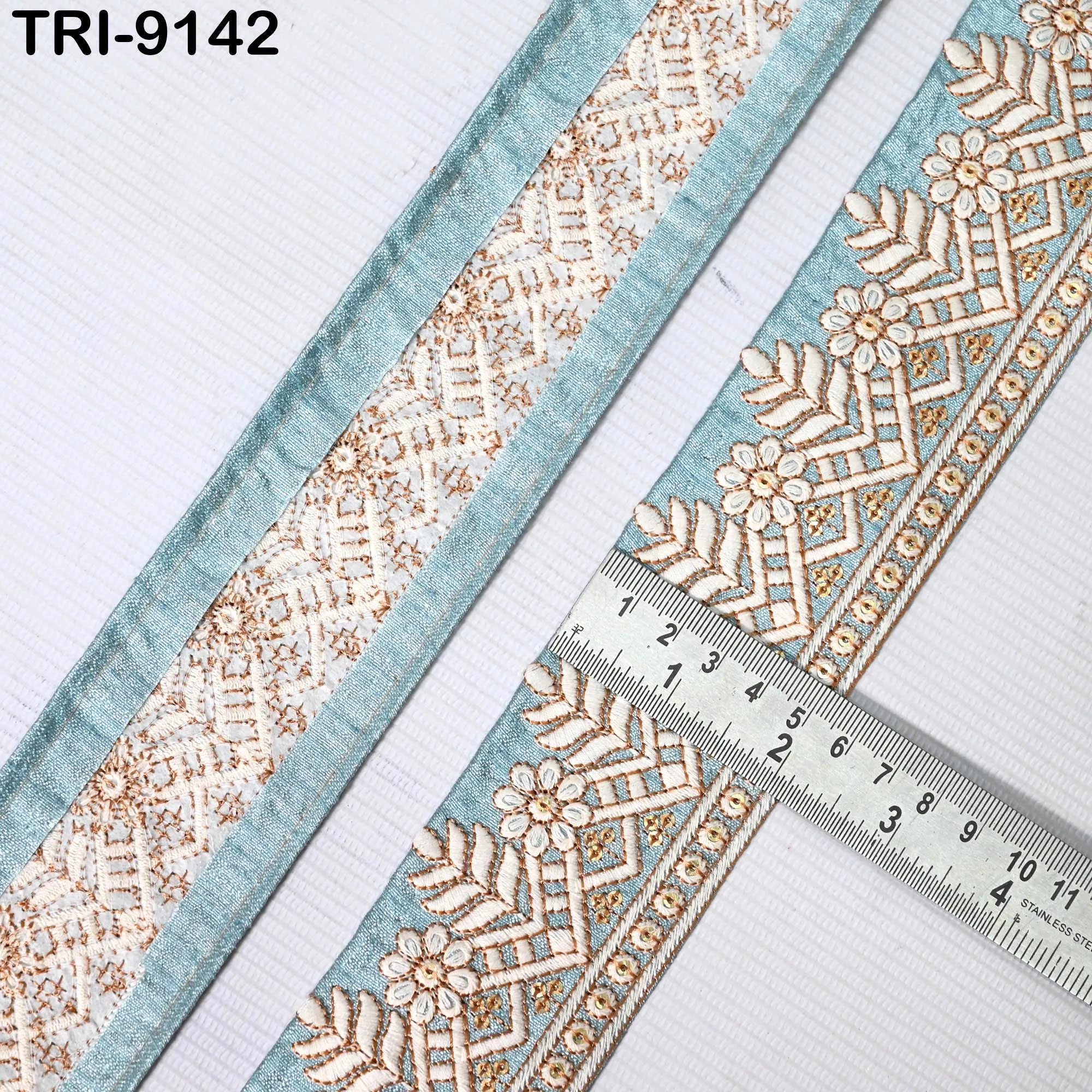 9 Yard Embroidery Trims Ribbon 55mm Blue Embroidered Decorative Indian Embellishments Tapes DIY Crafting Clutches Sewing Dog Collar Tote Bag