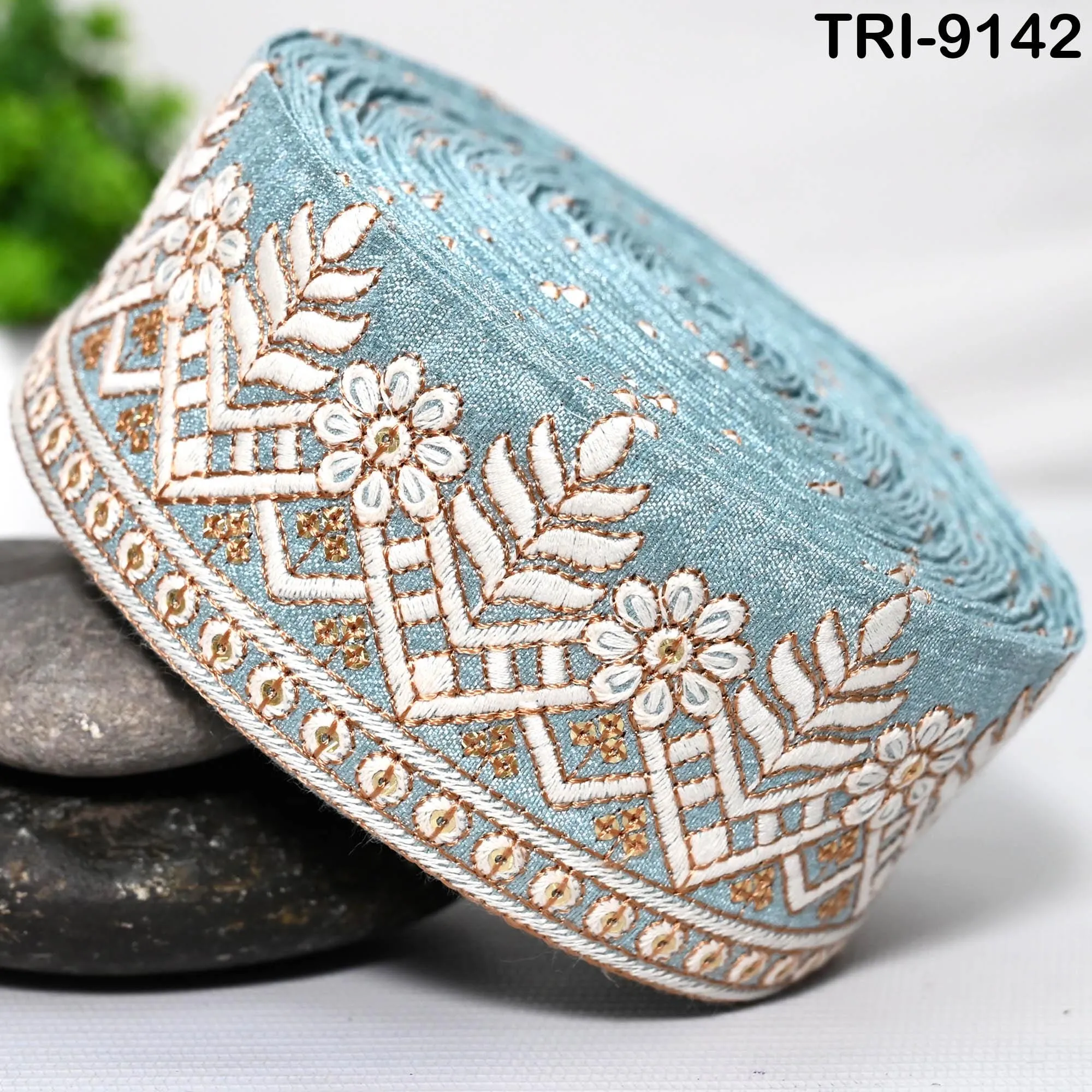 9 Yard Embroidery Trims Ribbon 55mm Blue Embroidered Decorative Indian Embellishments Tapes DIY Crafting Clutches Sewing Dog Collar Tote Bag