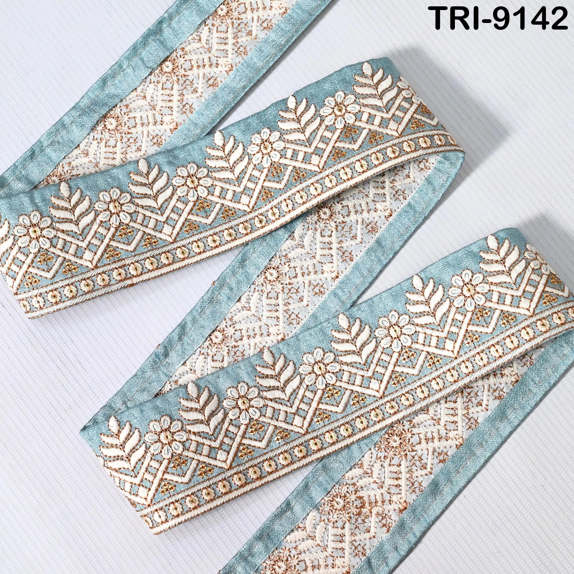 9 Yard Embroidery Trims Ribbon 55mm Blue Embroidered Decorative Indian Embellishments Tapes DIY Crafting Clutches Sewing Dog Collar Tote Bag
