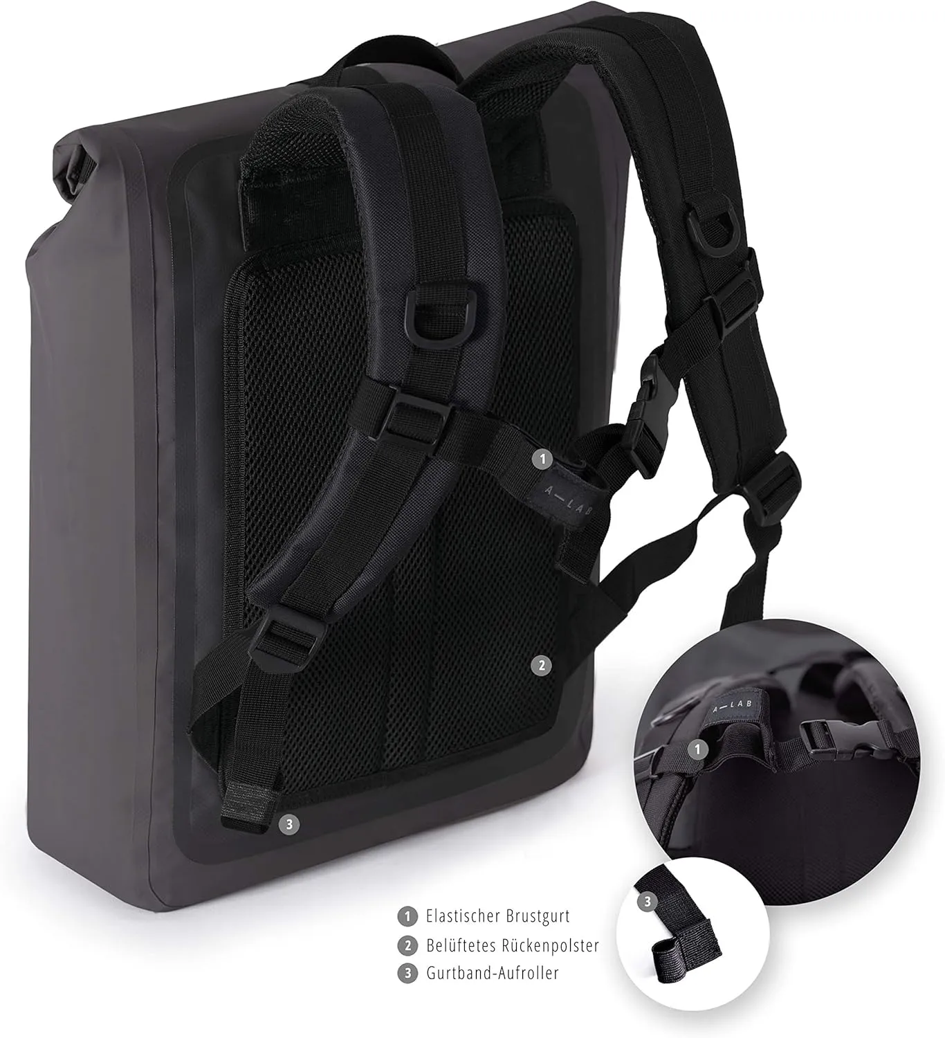 A-Lab Model A Waterproof Bicycle & Messenger Backpack Rolltop Daypack for Commuting and Traveling with 15.4'' Laptop Sleeve 26l in black