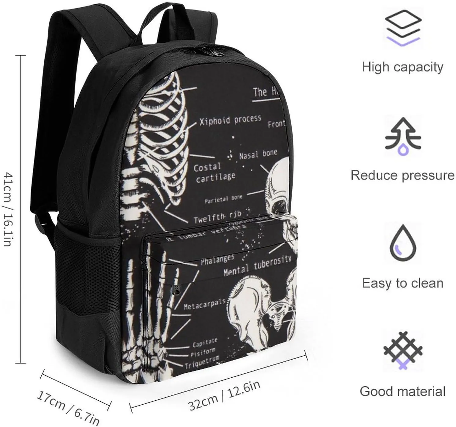 Adults Lightweight Dark Skeleton Anatomy Art Rucksacks Large Capacity Bookbag With Adjustable Shoulder Straps for Trekking Outdoors Bicycle