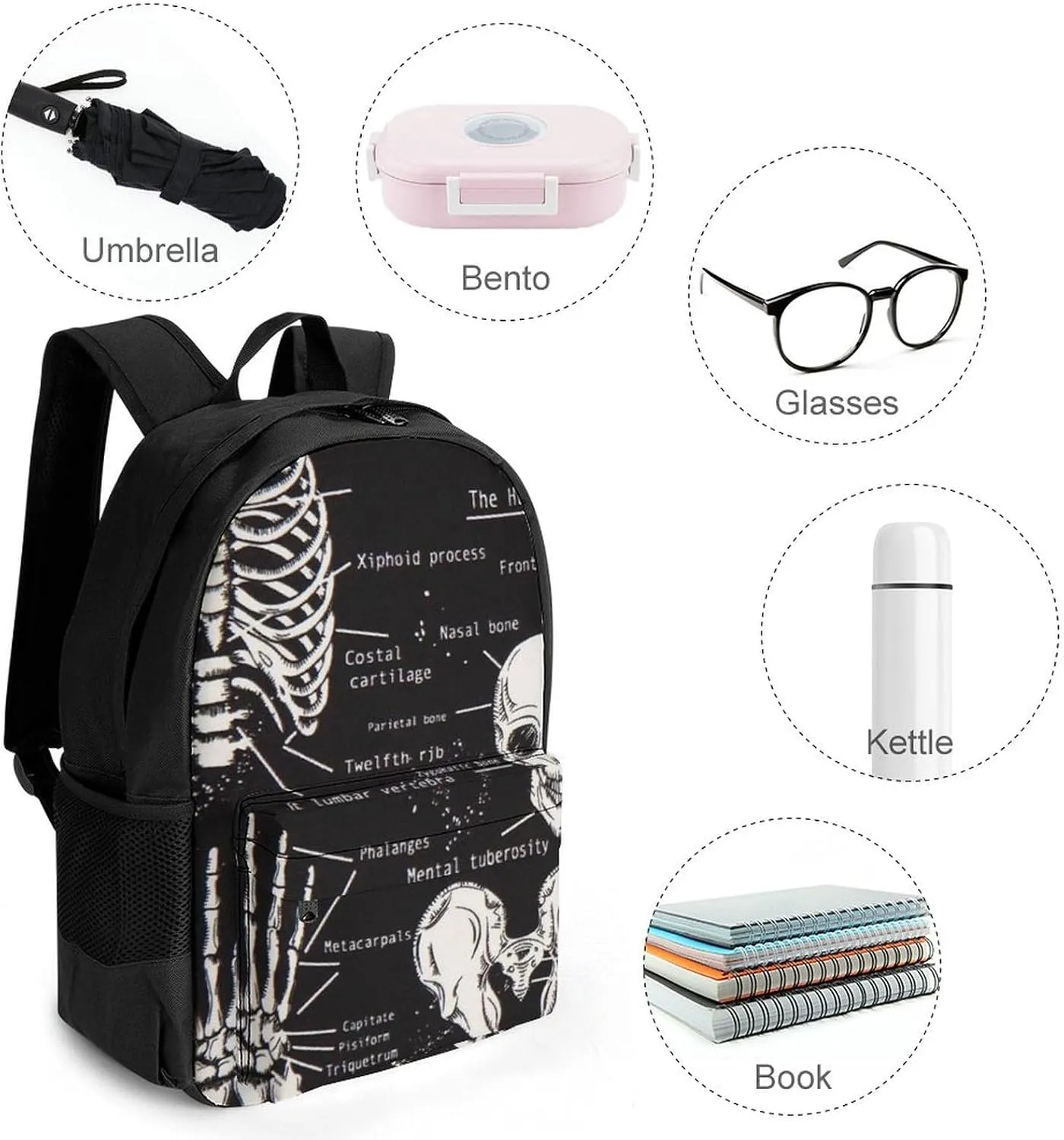 Adults Lightweight Dark Skeleton Anatomy Art Rucksacks Large Capacity Bookbag With Adjustable Shoulder Straps for Trekking Outdoors Bicycle
