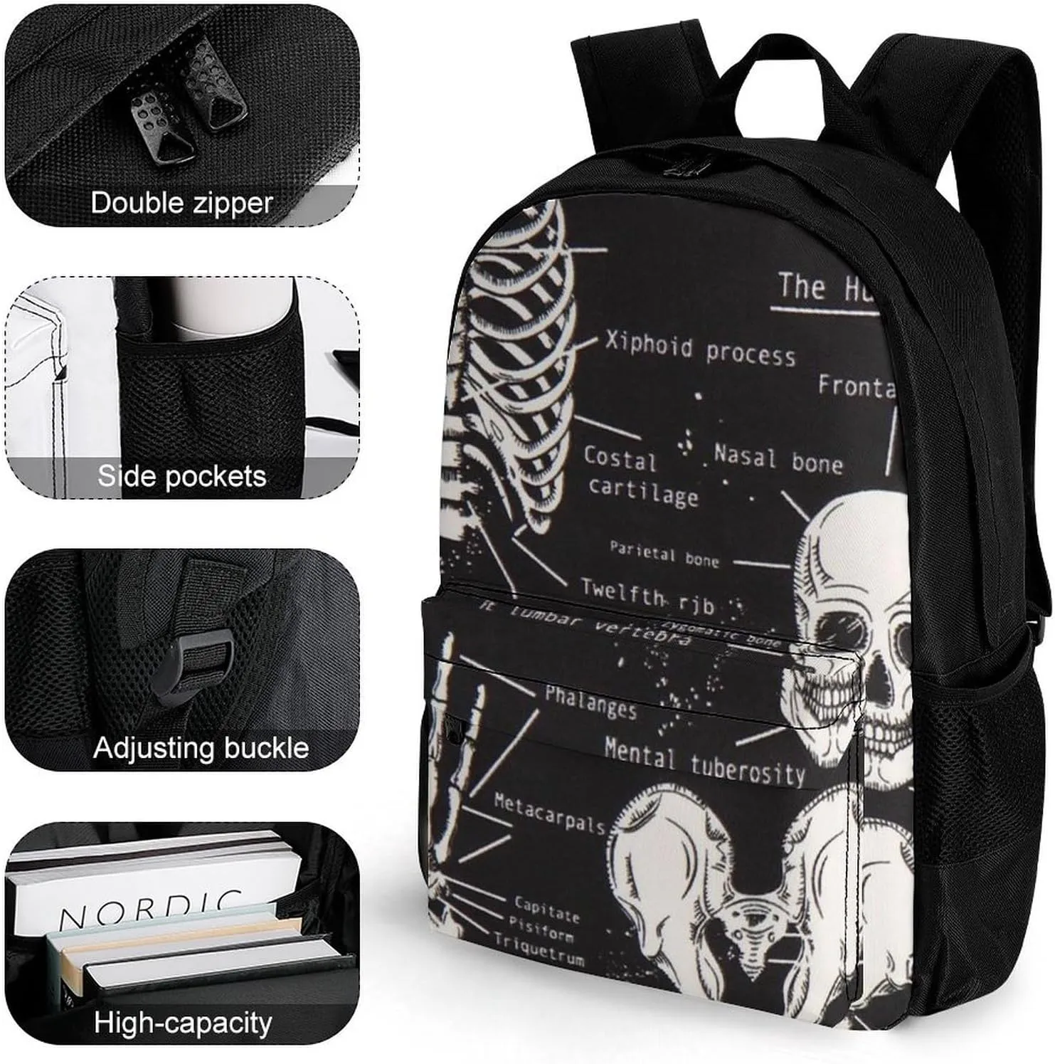 Adults Lightweight Dark Skeleton Anatomy Art Rucksacks Large Capacity Bookbag With Adjustable Shoulder Straps for Trekking Outdoors Bicycle
