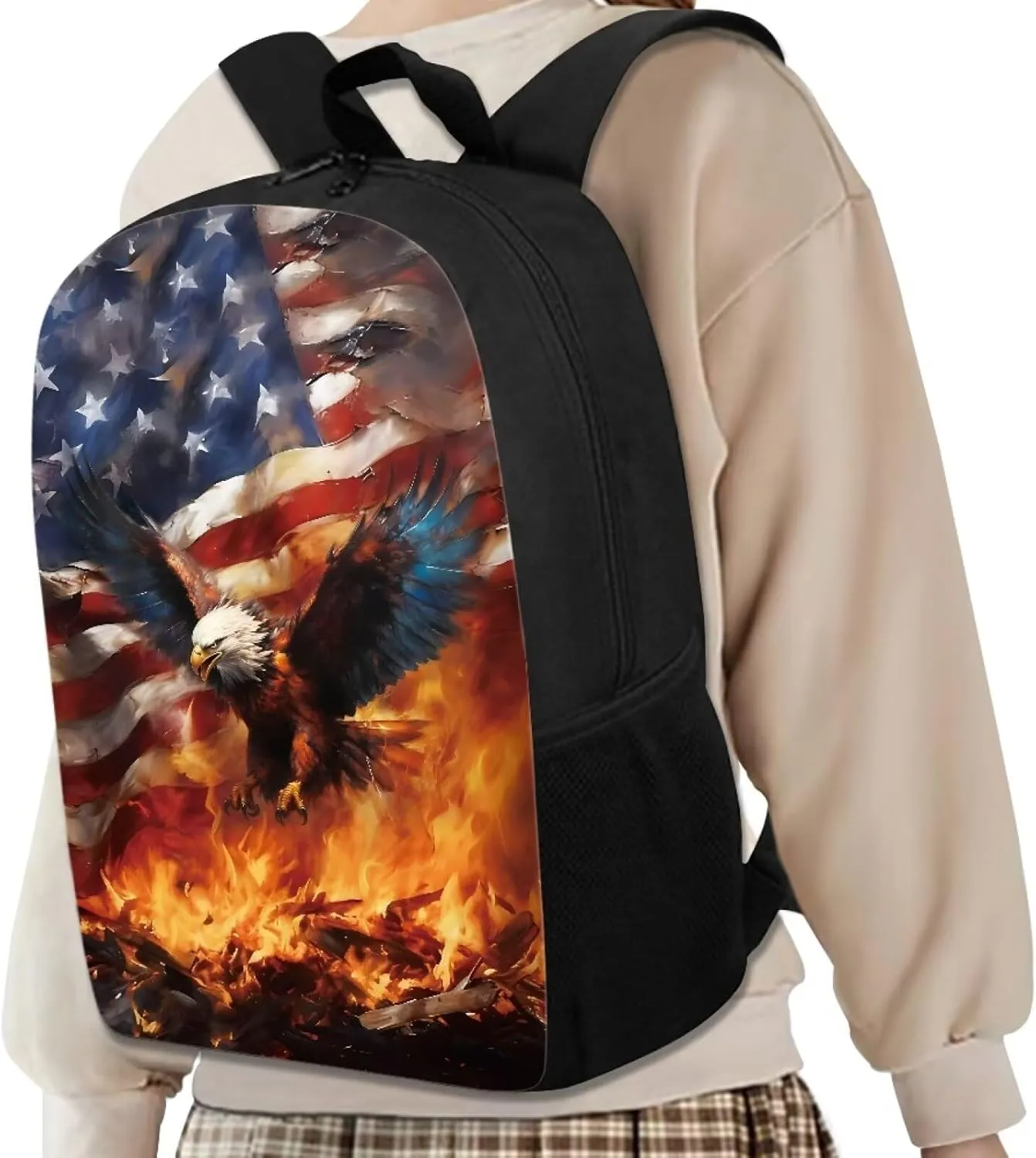 AFPANQZ American Flag Backpack for Teen Girls Large 17 Inches Schoolbag with Bottle Side Pocket Eagle School Bag for Boys Women Girls Casual Daypacks Rucksack for Middle School