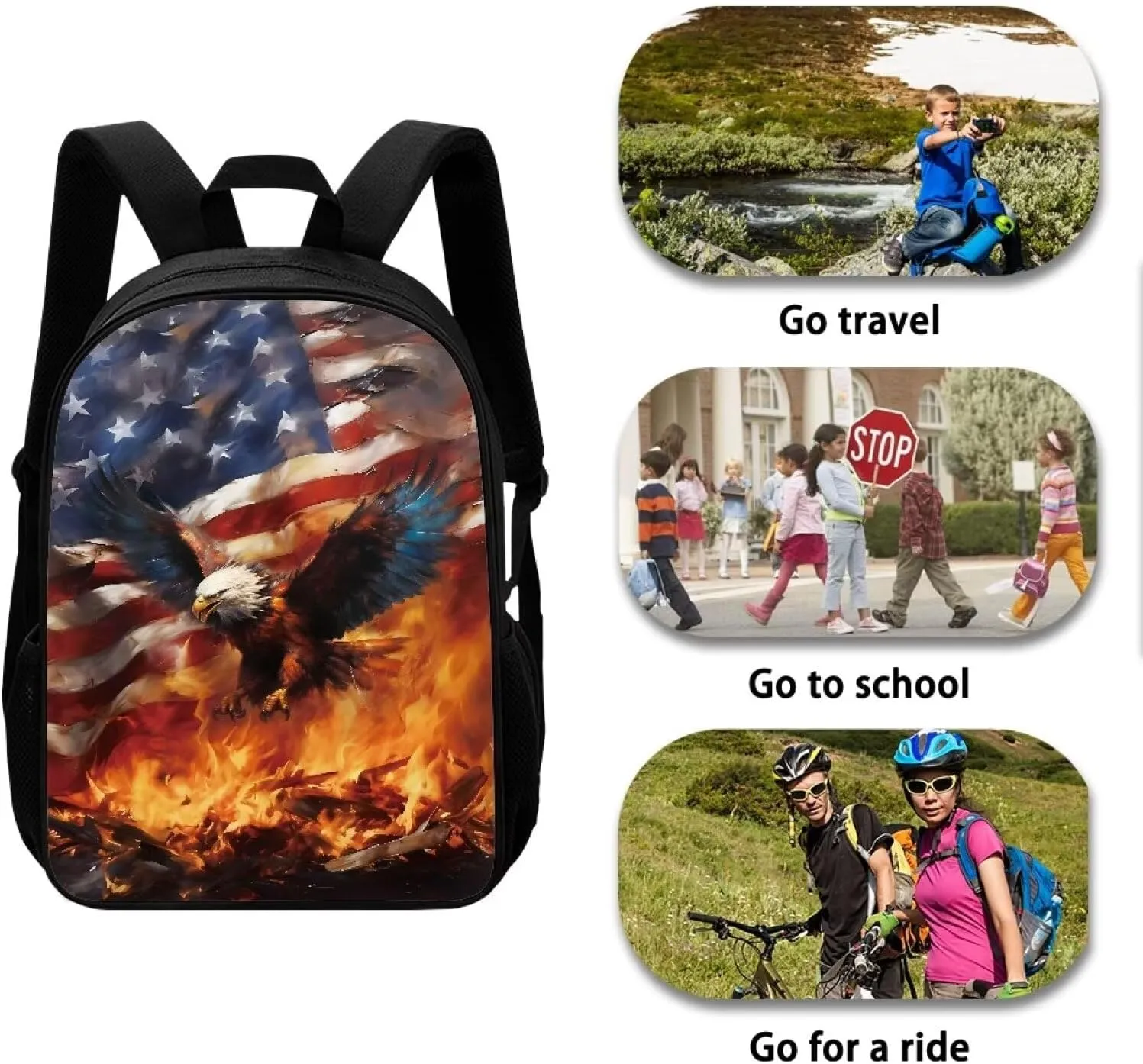 AFPANQZ American Flag Backpack for Teen Girls Large 17 Inches Schoolbag with Bottle Side Pocket Eagle School Bag for Boys Women Girls Casual Daypacks Rucksack for Middle School