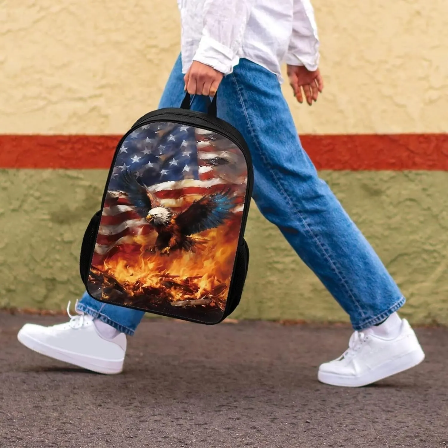 AFPANQZ American Flag Backpack for Teen Girls Large 17 Inches Schoolbag with Bottle Side Pocket Eagle School Bag for Boys Women Girls Casual Daypacks Rucksack for Middle School