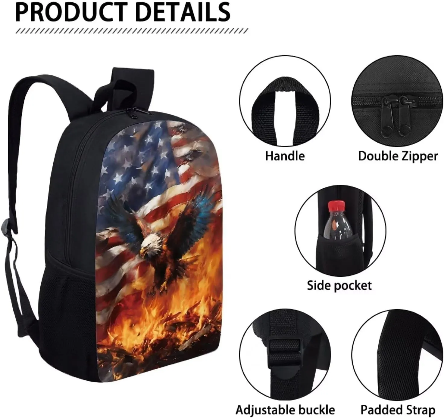 AFPANQZ American Flag Backpack for Teen Girls Large 17 Inches Schoolbag with Bottle Side Pocket Eagle School Bag for Boys Women Girls Casual Daypacks Rucksack for Middle School