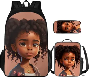 African Preppy Girl Backpack with Lunch Bag Set for Peschool Kids School Bag with Pencil Bag and Lunch Box for Boys Girls Casual Lightweight Book Bag for Back to School Gifts
