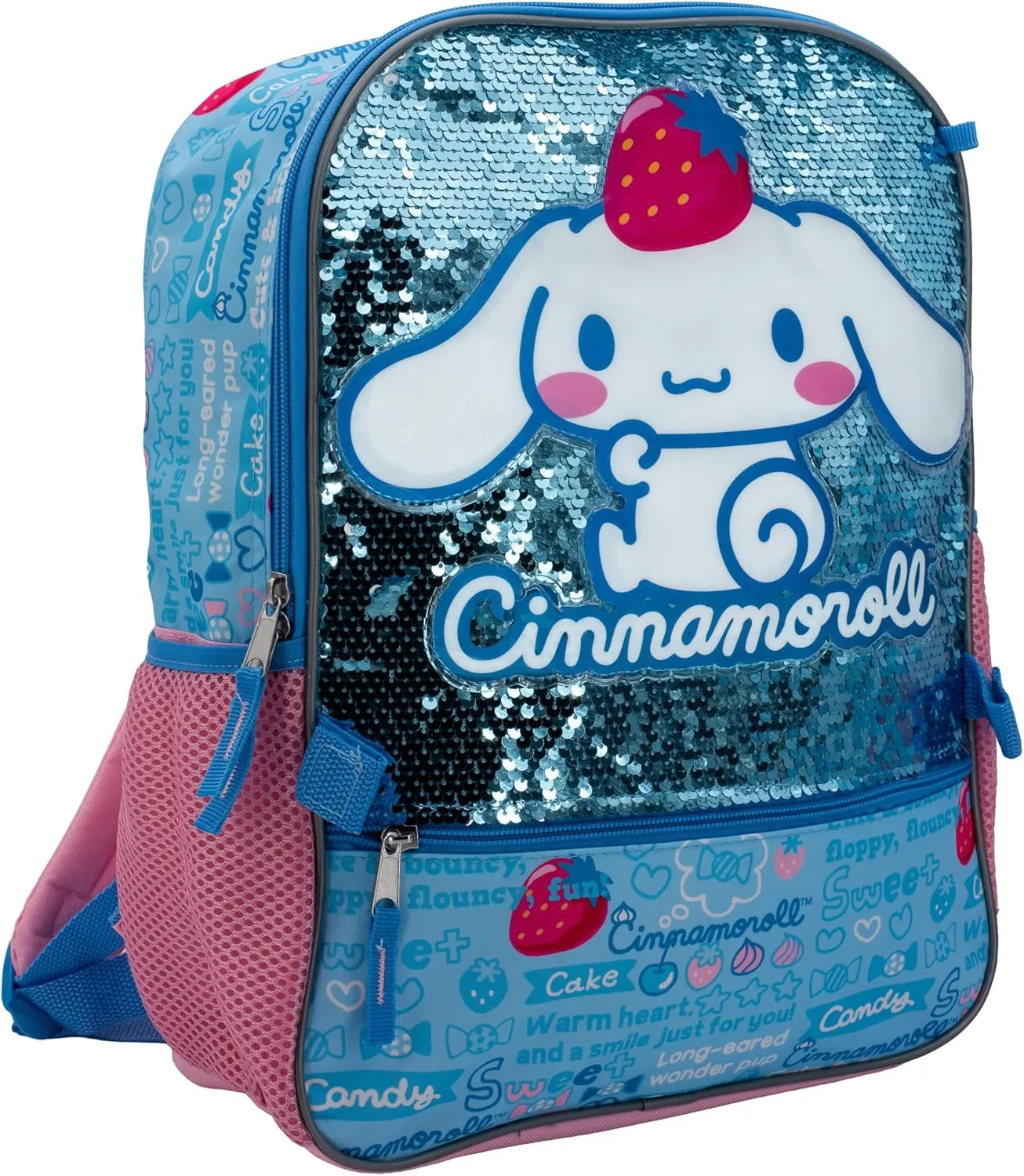 AI ACCESSORY INNOVATIONS Sanrio’s Cinnamoroll 5 Piece Backpack Set, Hello Kitty Kawaii Flip Sequin Girls School Bag with Front Zip Pocket, 2 Side Mesh Pockets, Blue