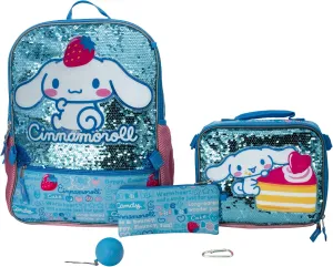 AI ACCESSORY INNOVATIONS Sanrio’s Cinnamoroll 5 Piece Backpack Set, Hello Kitty Kawaii Flip Sequin Girls School Bag with Front Zip Pocket, 2 Side Mesh Pockets, Blue