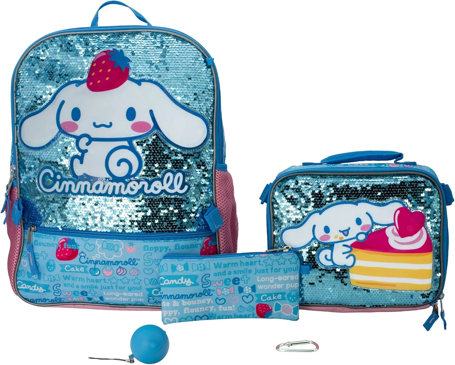 AI ACCESSORY INNOVATIONS Sanrio’s Cinnamoroll 5 Piece Backpack Set, Hello Kitty Kawaii Flip Sequin Girls School Bag with Front Zip Pocket, 2 Side Mesh Pockets, Blue
