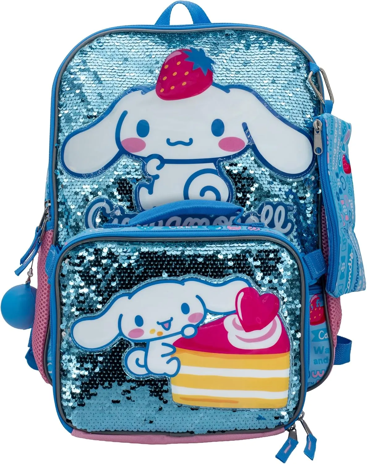 AI ACCESSORY INNOVATIONS Sanrio’s Cinnamoroll 5 Piece Backpack Set, Hello Kitty Kawaii Flip Sequin Girls School Bag with Front Zip Pocket, 2 Side Mesh Pockets, Blue