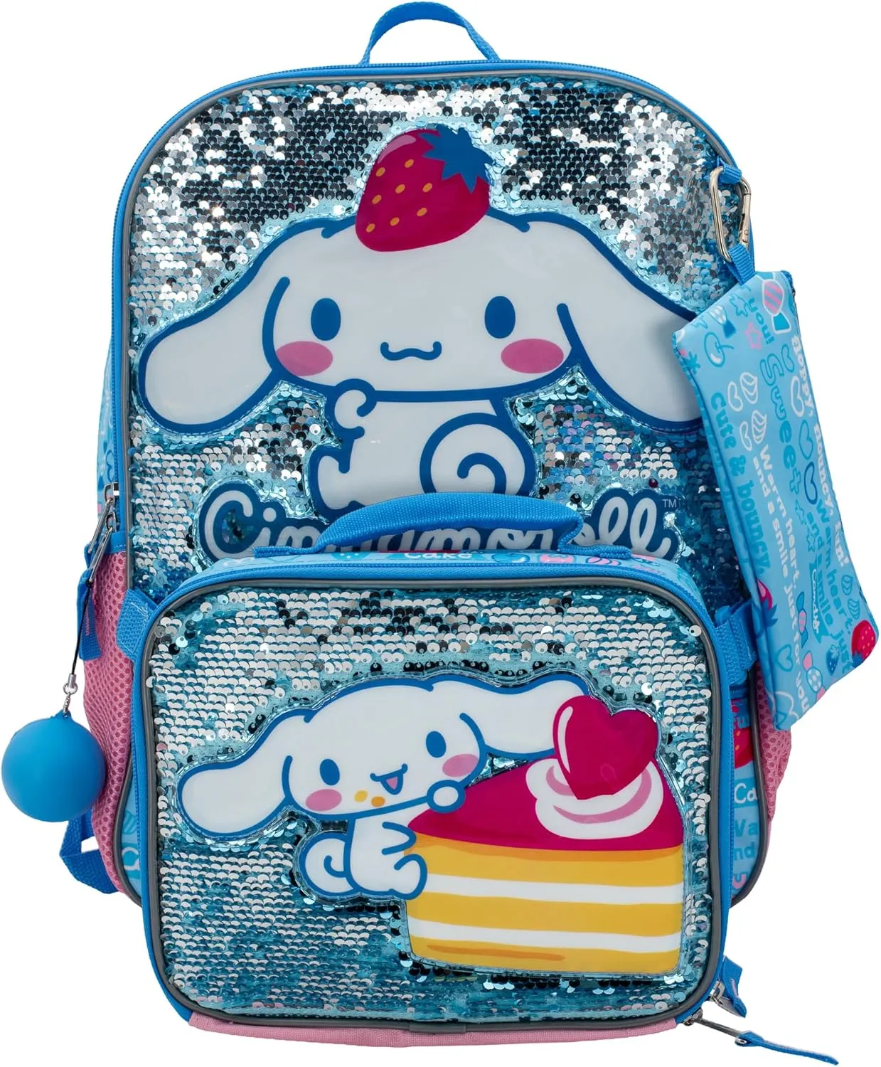 AI ACCESSORY INNOVATIONS Sanrio’s Cinnamoroll 5 Piece Backpack Set, Hello Kitty Kawaii Flip Sequin Girls School Bag with Front Zip Pocket, 2 Side Mesh Pockets, Blue