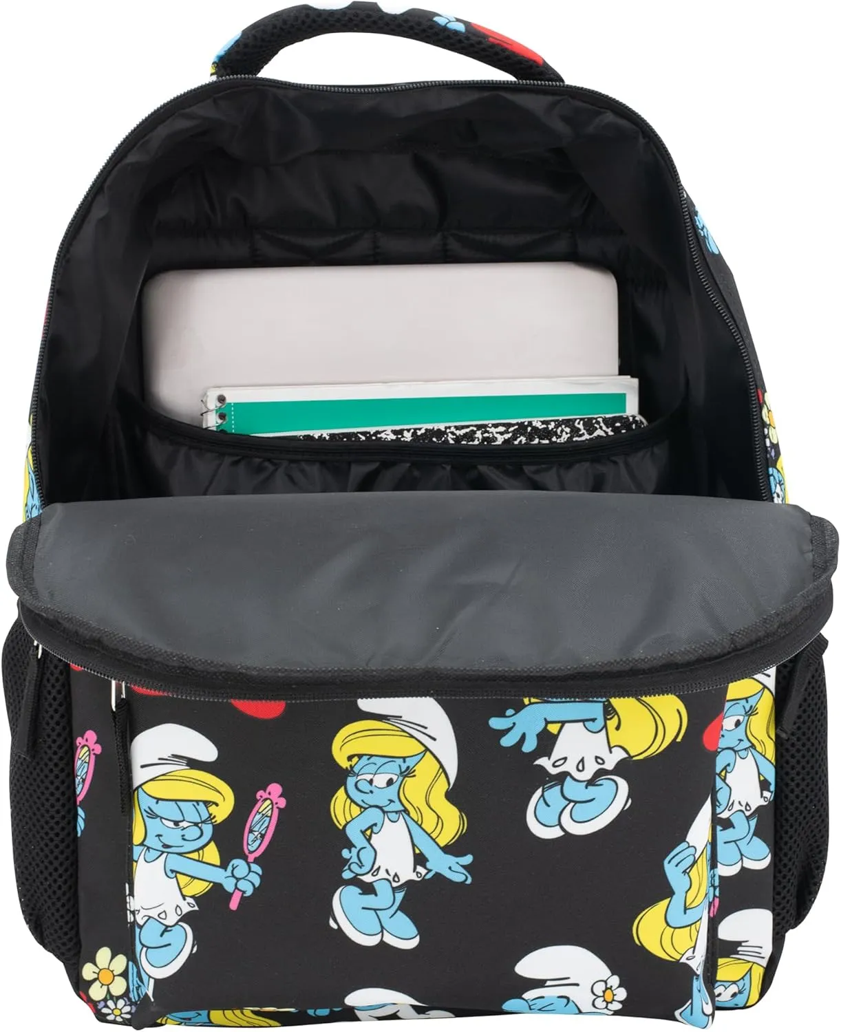 AI ACCESSORY INNOVATIONS Smurfs 16” Backpack with Front Pocket for Girls, 16” School Bag with Front Pocket, Allover Print Bookbag Featuring Smurfette & Grandpa Smurf, Black