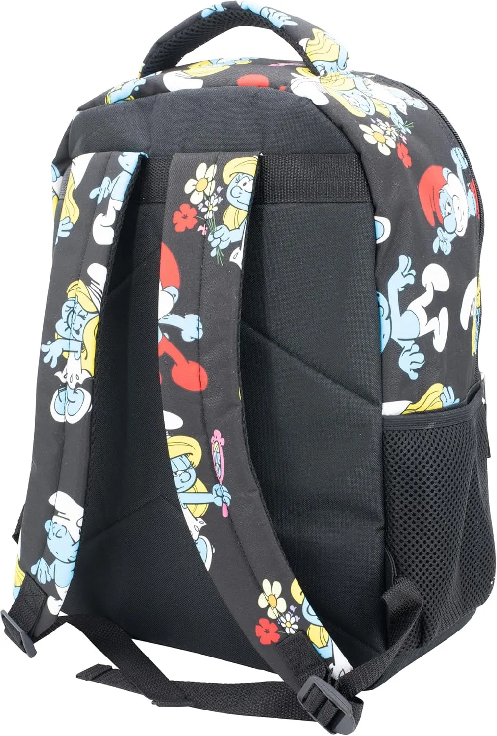 AI ACCESSORY INNOVATIONS Smurfs 16” Backpack with Front Pocket for Girls, 16” School Bag with Front Pocket, Allover Print Bookbag Featuring Smurfette & Grandpa Smurf, Black
