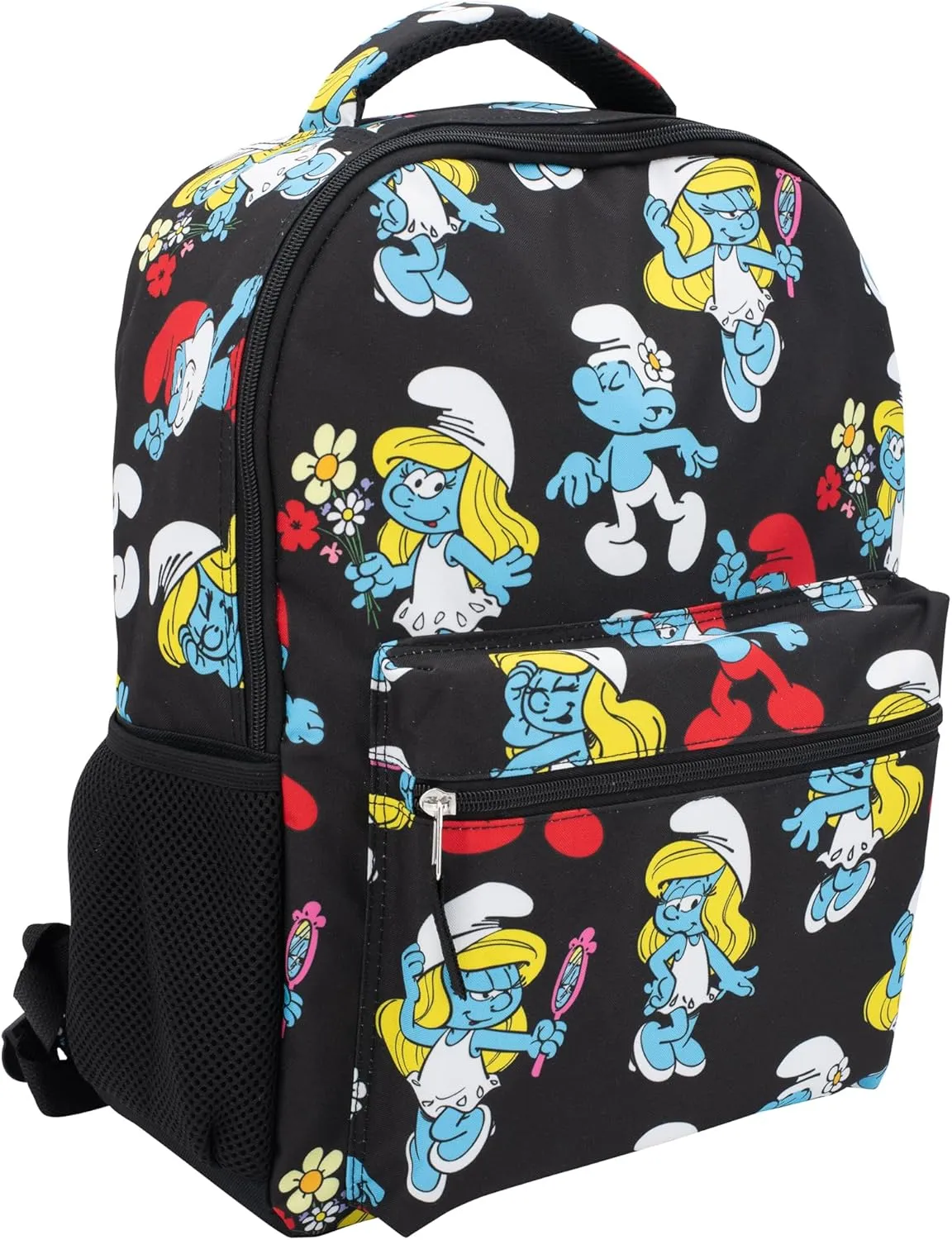 AI ACCESSORY INNOVATIONS Smurfs 16” Backpack with Front Pocket for Girls, 16” School Bag with Front Pocket, Allover Print Bookbag Featuring Smurfette & Grandpa Smurf, Black