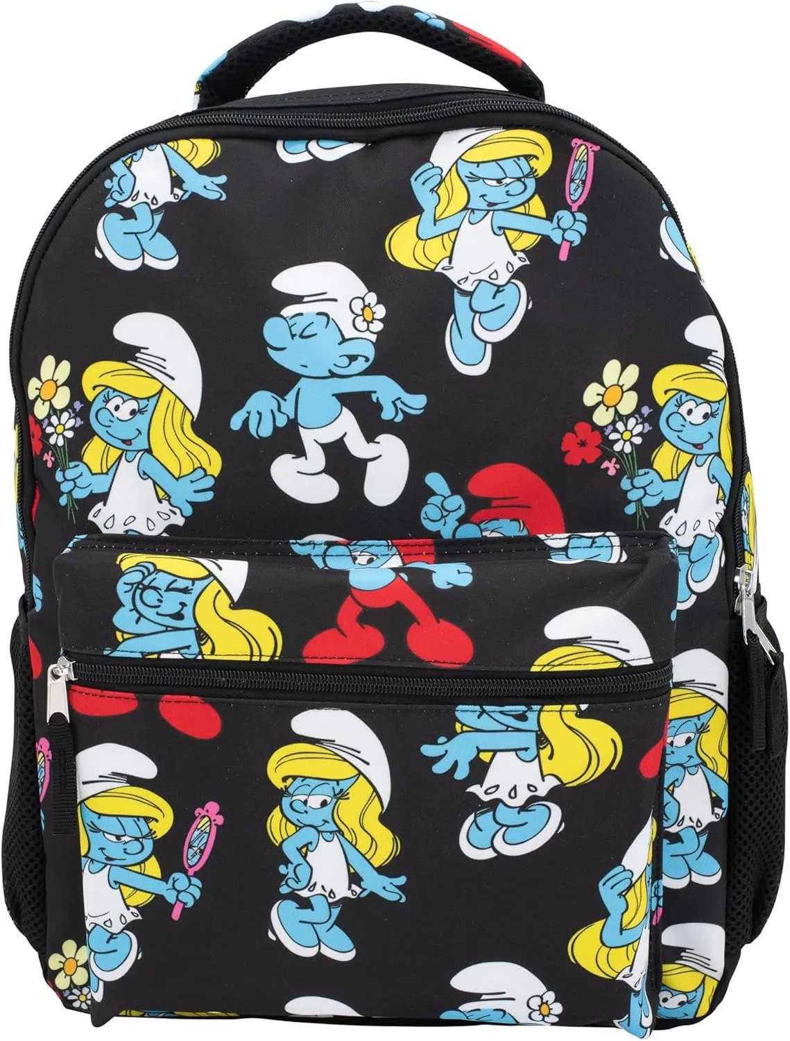 AI ACCESSORY INNOVATIONS Smurfs 16” Backpack with Front Pocket for Girls, 16” School Bag with Front Pocket, Allover Print Bookbag Featuring Smurfette & Grandpa Smurf, Black