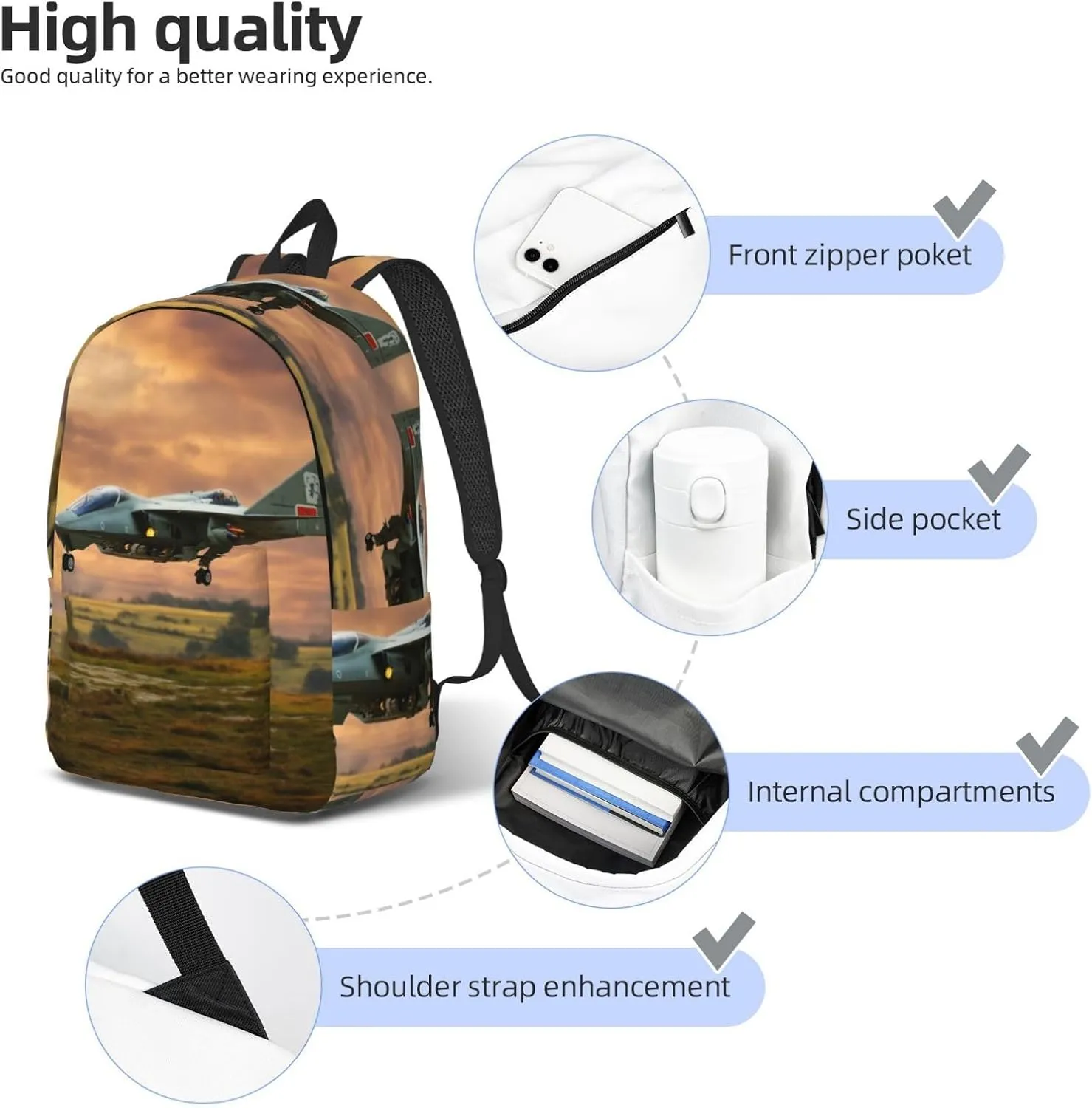 Aircraft Fighter Jets Print Vintage Canvas Backpack,Travel Bag,Stylish And Lightweight With Multiple Pockets