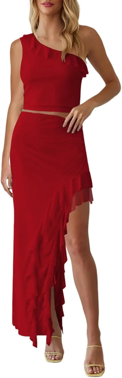 Aisbei Women's 2 Piece Outfits Mesh One Shoulder Crop Top Asymmetrical Ruffle Maxi Skirt Set Long Dress