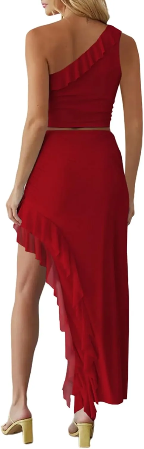 Aisbei Women's 2 Piece Outfits Mesh One Shoulder Crop Top Asymmetrical Ruffle Maxi Skirt Set Long Dress