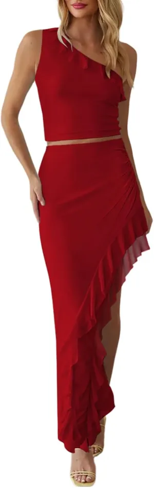 Aisbei Women's 2 Piece Outfits Mesh One Shoulder Crop Top Asymmetrical Ruffle Maxi Skirt Set Long Dress